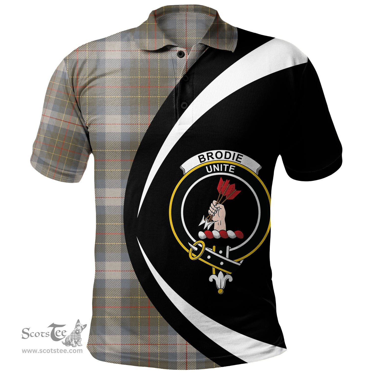 ScotsTee Shop Scottish Brodie Silver (Brodie Muted) Ancient Clan Crest Personalized Tartan Polo Shirt Circle Style Back Shirt with Your Text