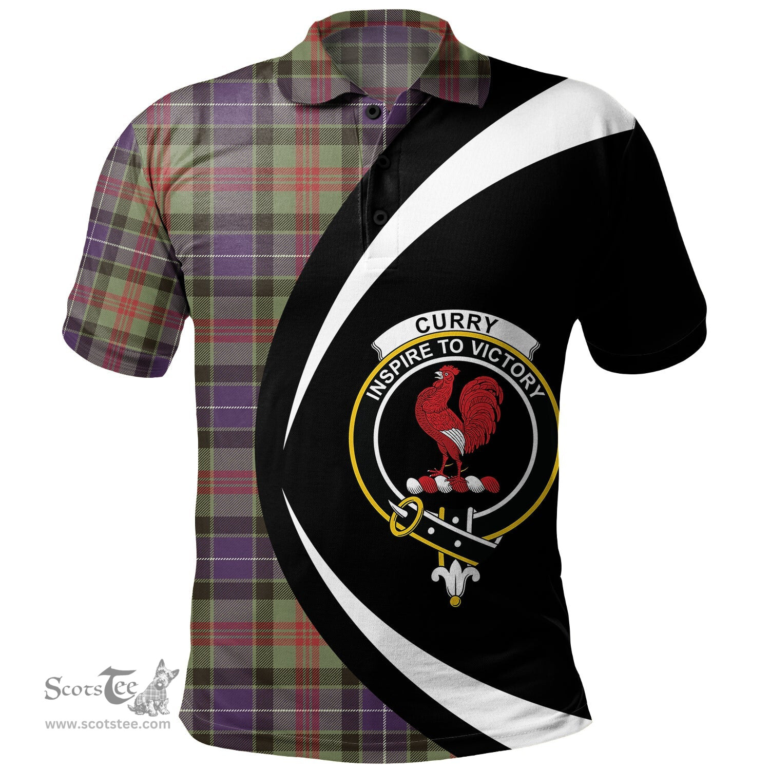 ScotsTee Shop Scottish Curry (Currie) Weathered Clan Crest Personalized Tartan Polo Shirt Circle Style Back Shirt with Your Text