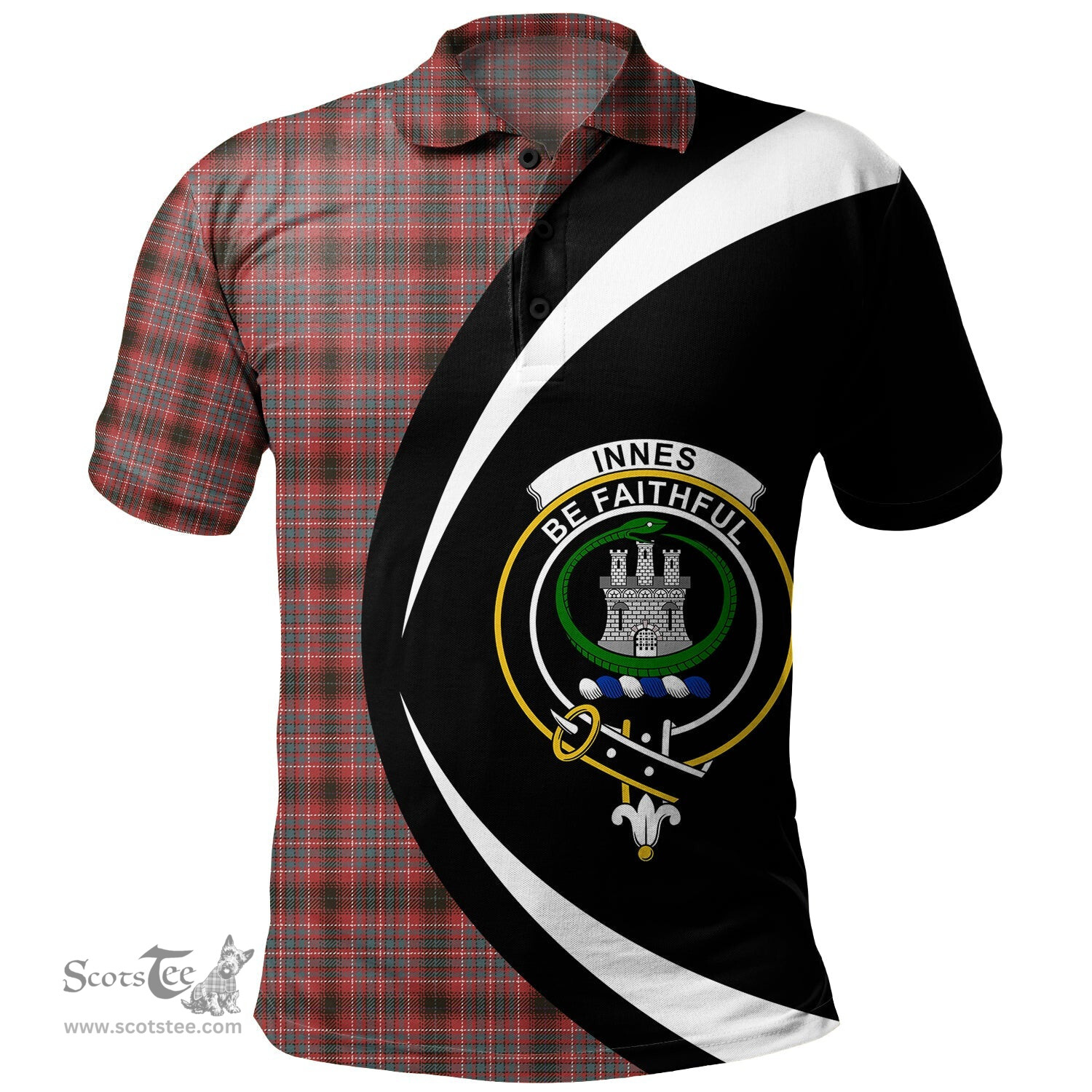 ScotsTee Shop Scottish Innes of Cowie Weathered Clan Crest Personalized Tartan Polo Shirt Circle Style Back Shirt with Your Text