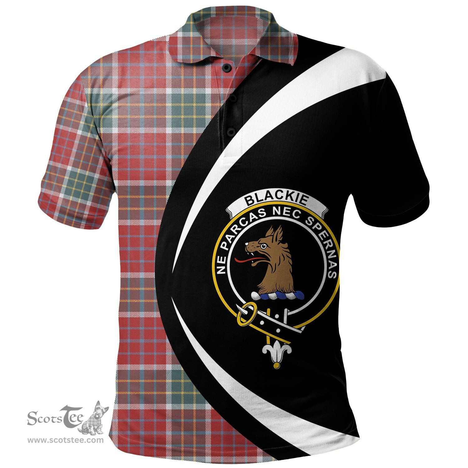 ScotsTee Shop Scottish Blackie Weathered Clan Crest Personalized Tartan Polo Shirt Circle Style Back Shirt with Your Text
