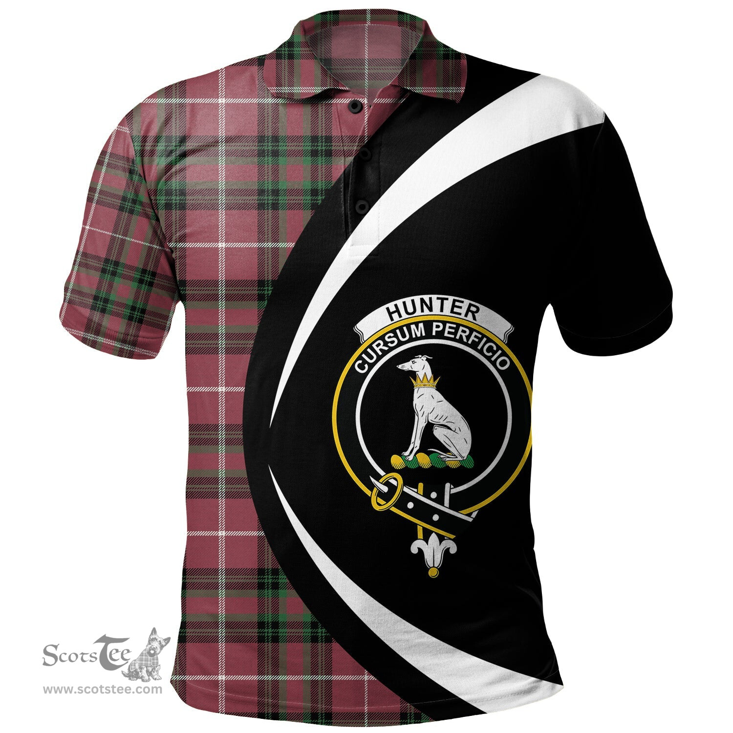 ScotsTee Shop Scottish Hunter of Bute (Hunter Maroon) Ancient Clan Crest Personalized Tartan Polo Shirt Circle Style Back Shirt with Your Text