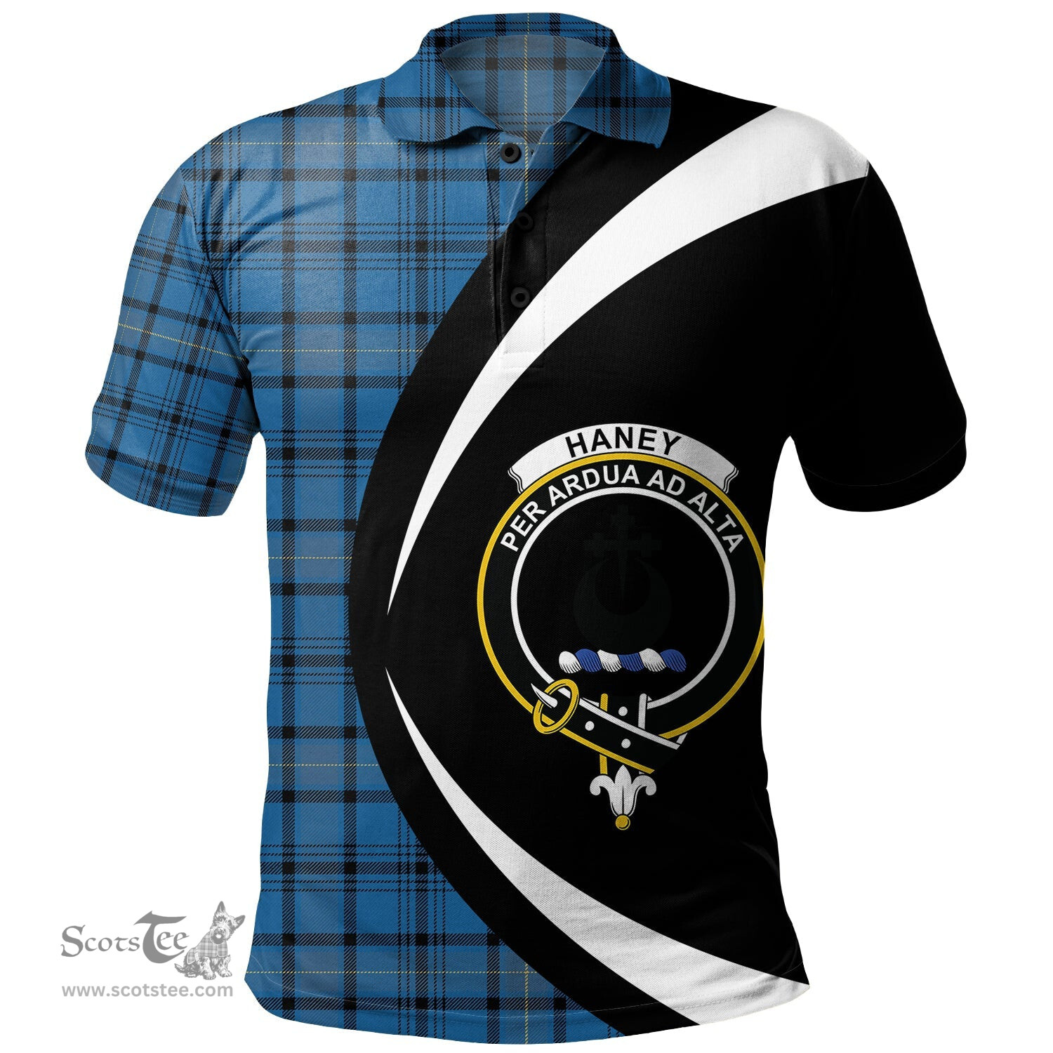 ScotsTee Shop Scottish Haney Blue Ancient Clan Crest Personalized Tartan Polo Shirt Circle Style Back Shirt with Your Text