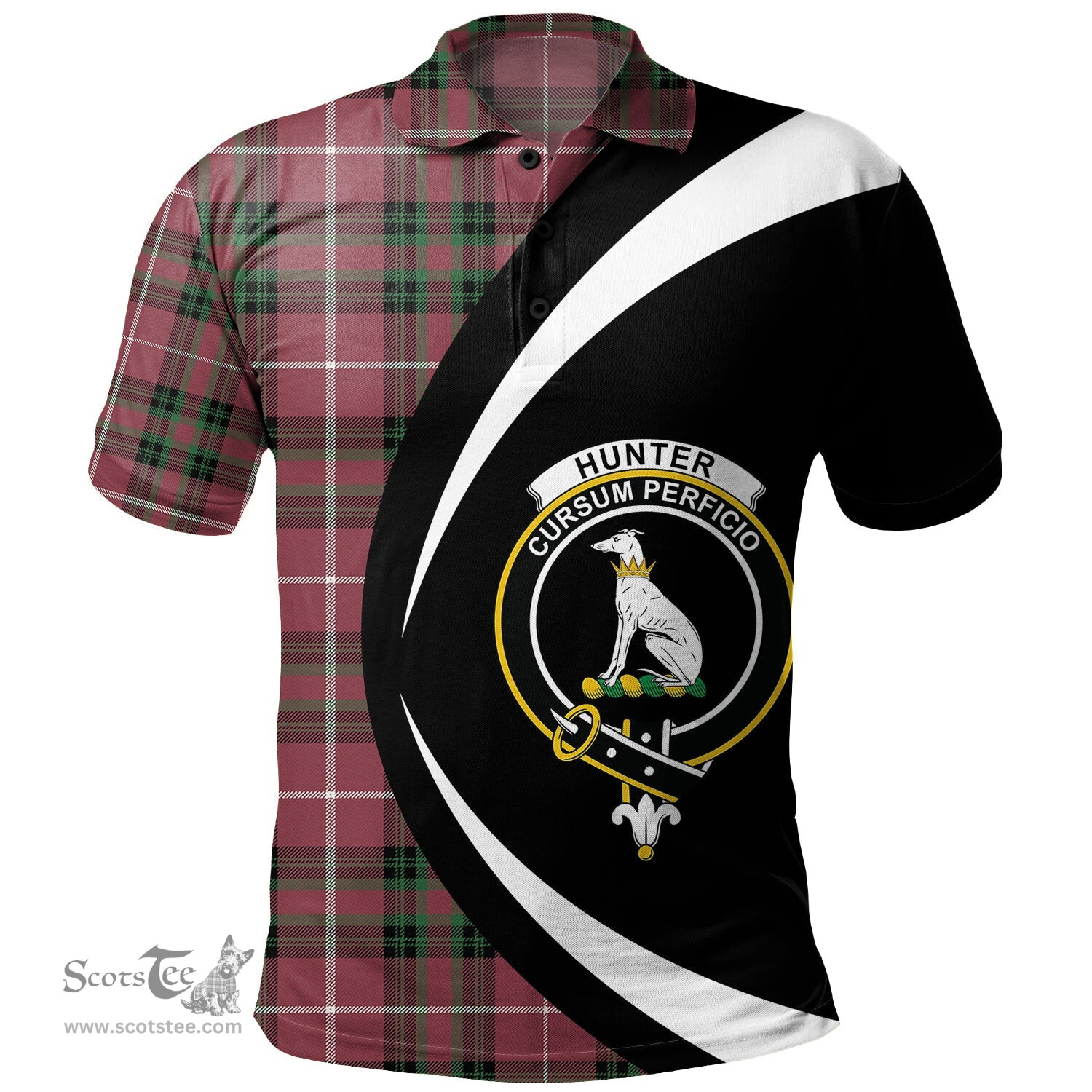 ScotsTee Shop Scottish Hunter of Bute (Michael Maroon) Ancient Clan Crest Personalized Tartan Polo Shirt Circle Style Back Shirt with Your Text