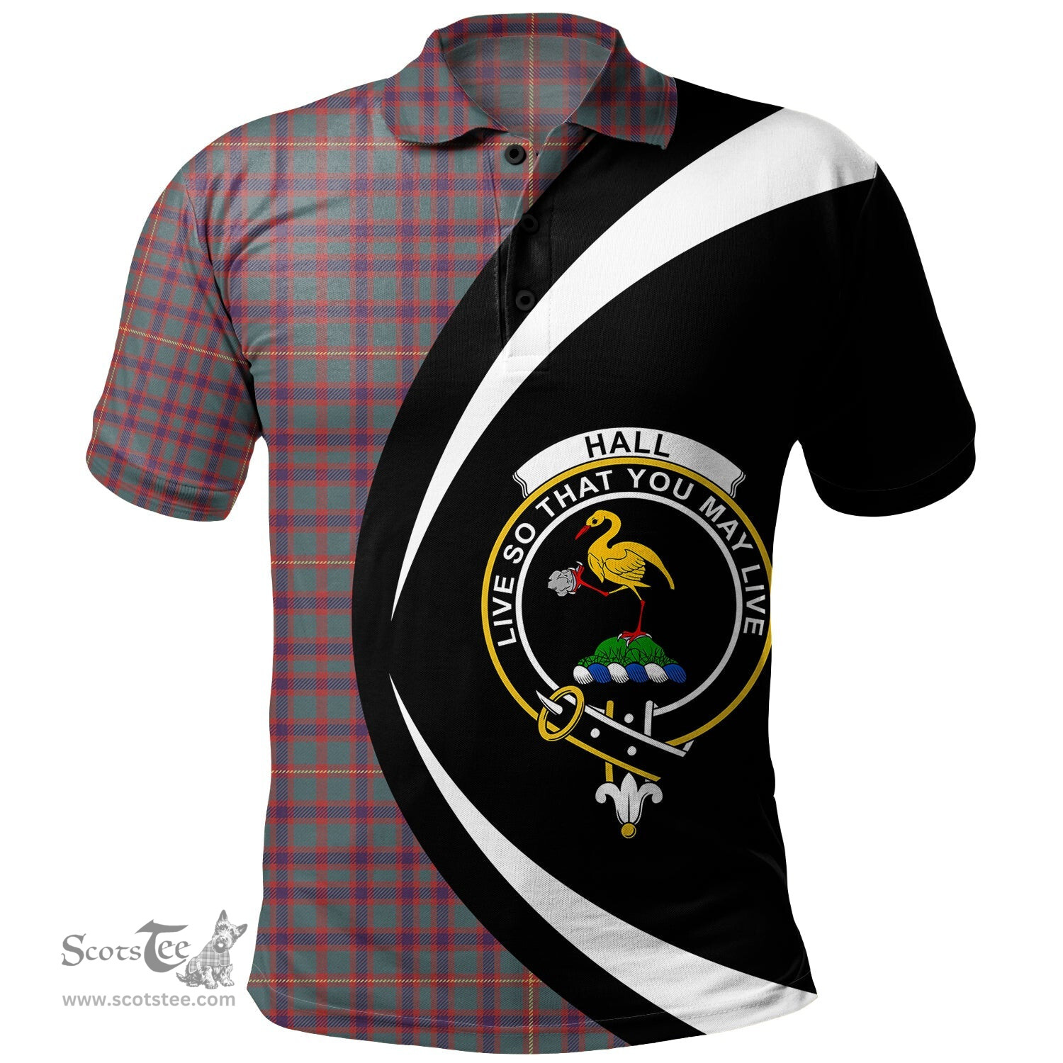 ScotsTee Shop Scottish Hall Weathered Clan Crest Personalized Tartan Polo Shirt Circle Style Back Shirt with Your Text