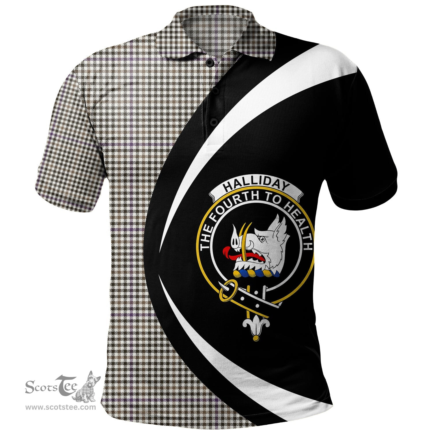 ScotsTee Shop Scottish Halliday (Holliday) Weathered Clan Crest Personalized Tartan Polo Shirt Circle Style Back Shirt with Your Text