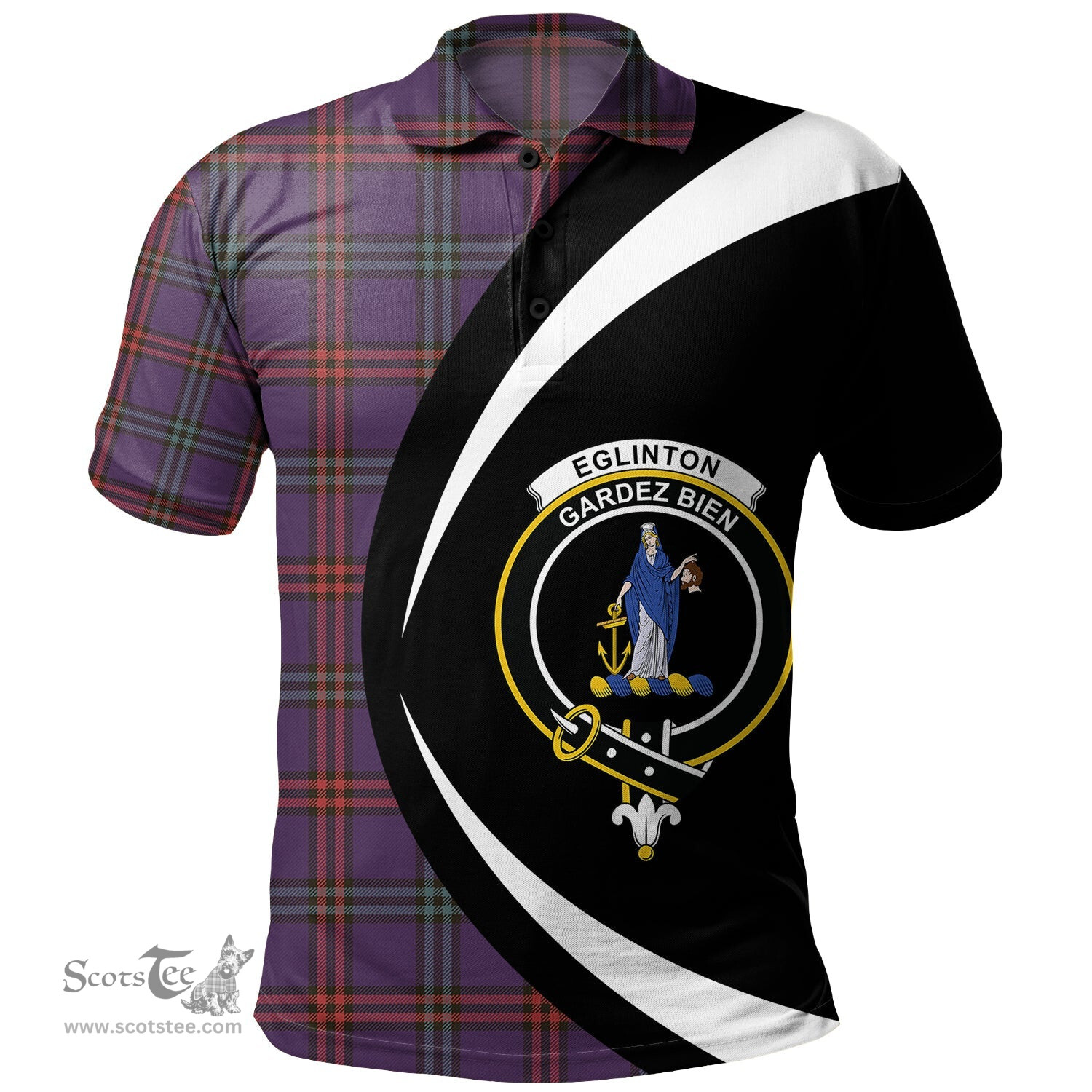 ScotsTee Shop Scottish Eglinton District (Montgomery of Ayrshire) Weathered Clan Crest Personalized Tartan Polo Shirt Circle Style Back Shirt with Your Text