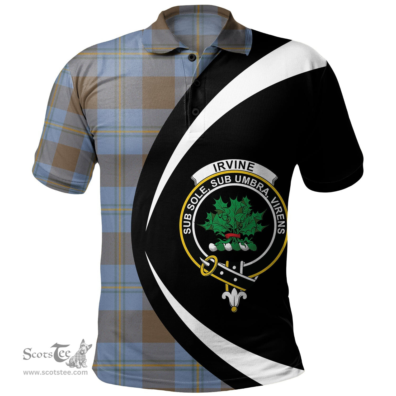 ScotsTee Shop Scottish Irvine of Bonshaw Weathered Clan Crest Personalized Tartan Polo Shirt Circle Style Back Shirt with Your Text