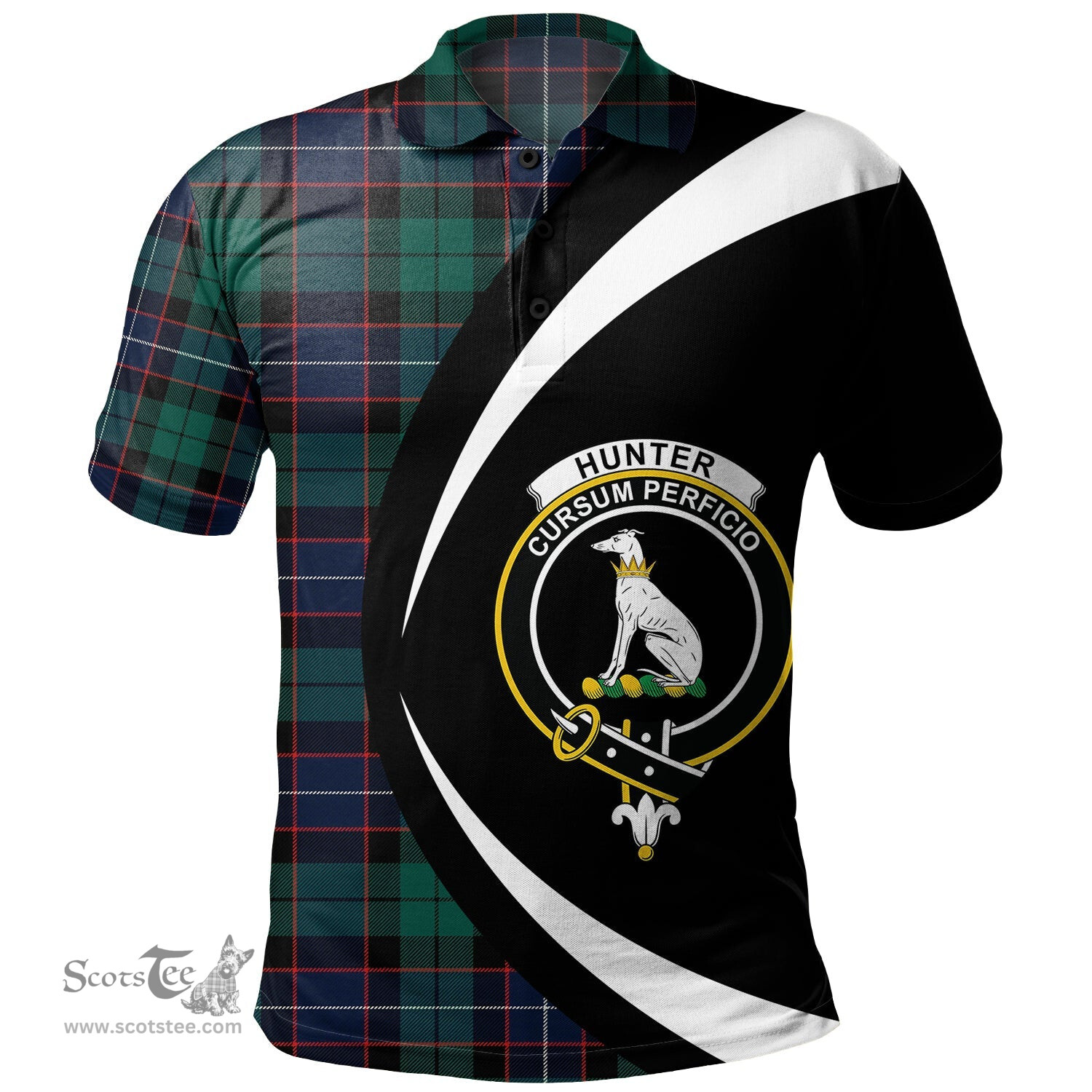 ScotsTee Shop Scottish Hunter Modern Clan Crest Personalized Tartan Polo Shirt Circle Style Back Shirt with Your Text