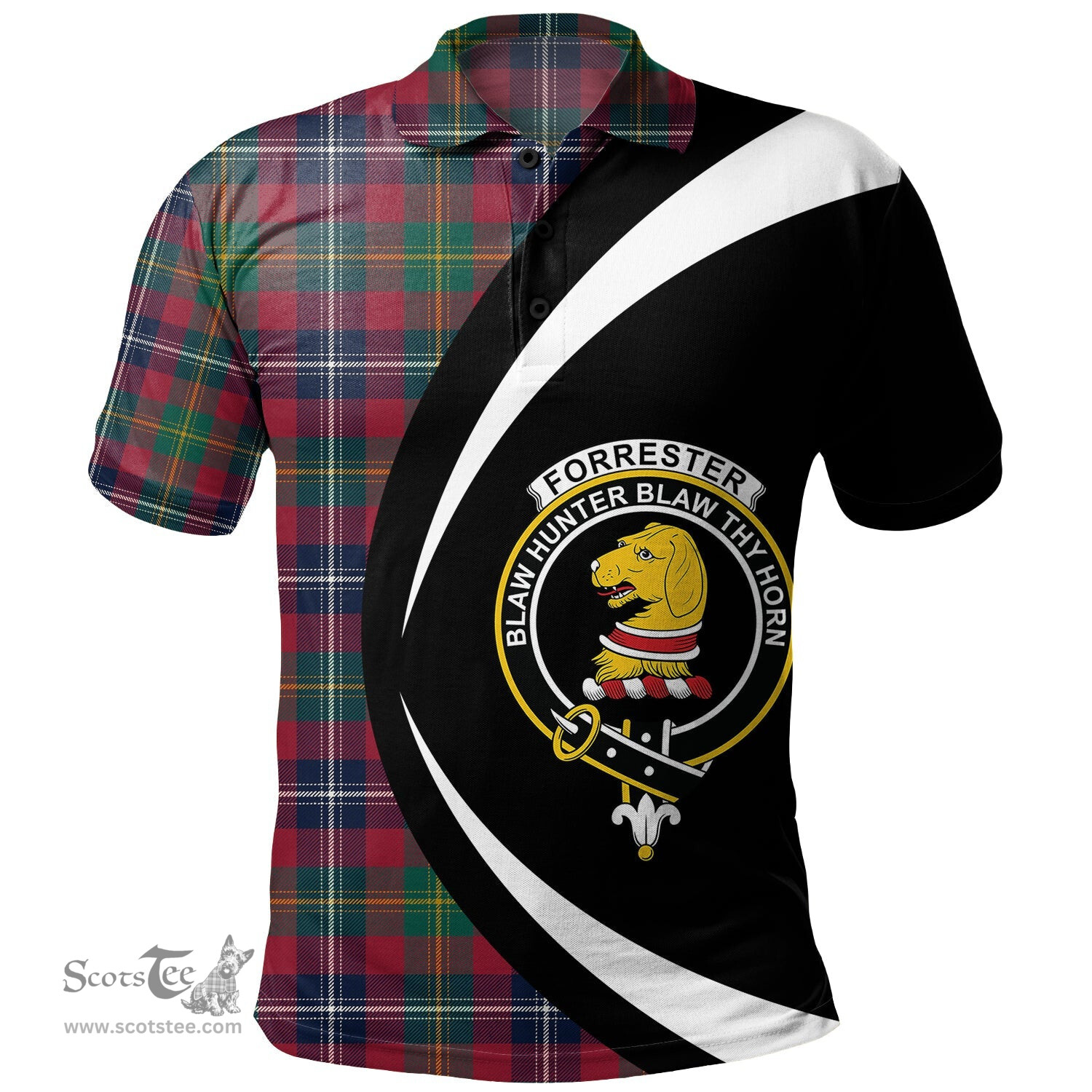 ScotsTee Shop Scottish Forrester Modern Clan Crest Personalized Tartan Polo Shirt Circle Style Back Shirt with Your Text