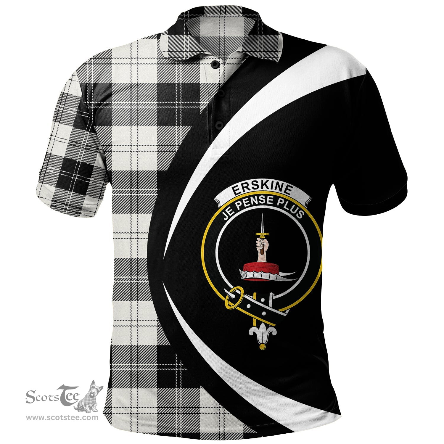 ScotsTee Shop Scottish Erskine Black & White Clan Crest Personalized Tartan Polo Shirt Circle Style Back Shirt with Your Text