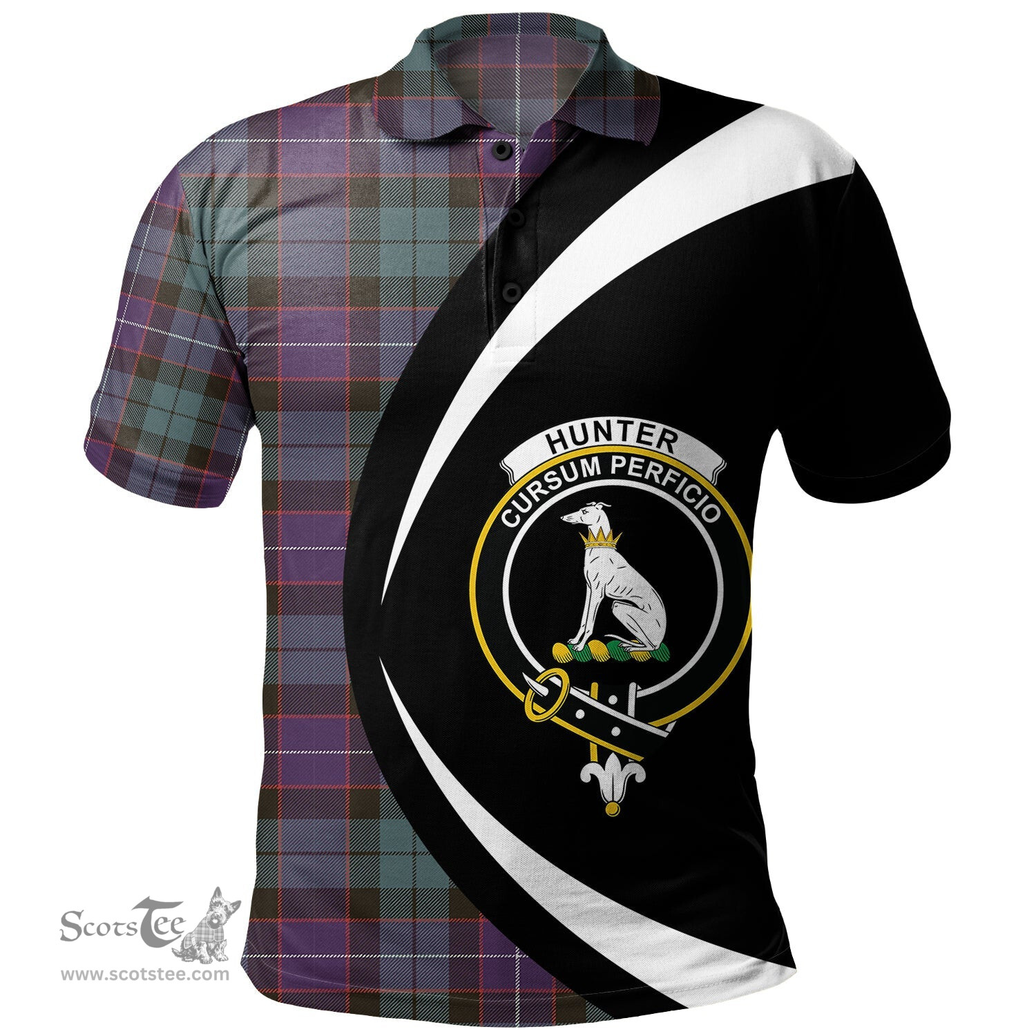 ScotsTee Shop Scottish Hunter (Michael) Weathered Clan Crest Personalized Tartan Polo Shirt Circle Style Back Shirt with Your Text