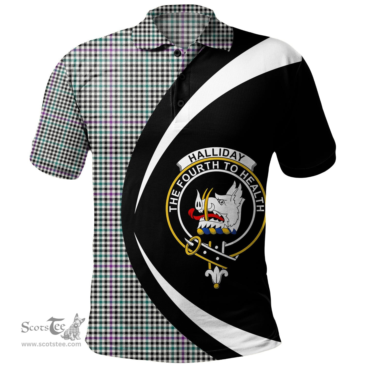 ScotsTee Shop Scottish Halliday (Holliday) Modern Clan Crest Personalized Tartan Polo Shirt Circle Style Back Shirt with Your Text