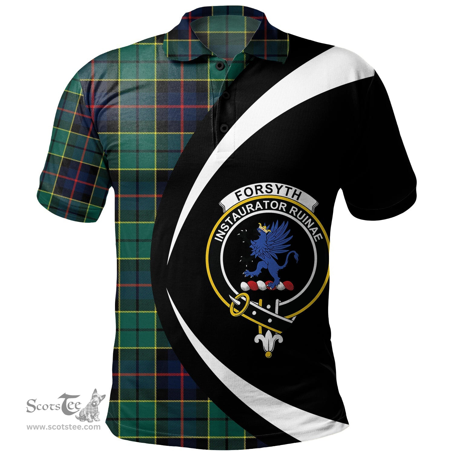 ScotsTee Shop Scottish Forsyth Modern Clan Crest Personalized Tartan Polo Shirt Circle Style Back Shirt with Your Text
