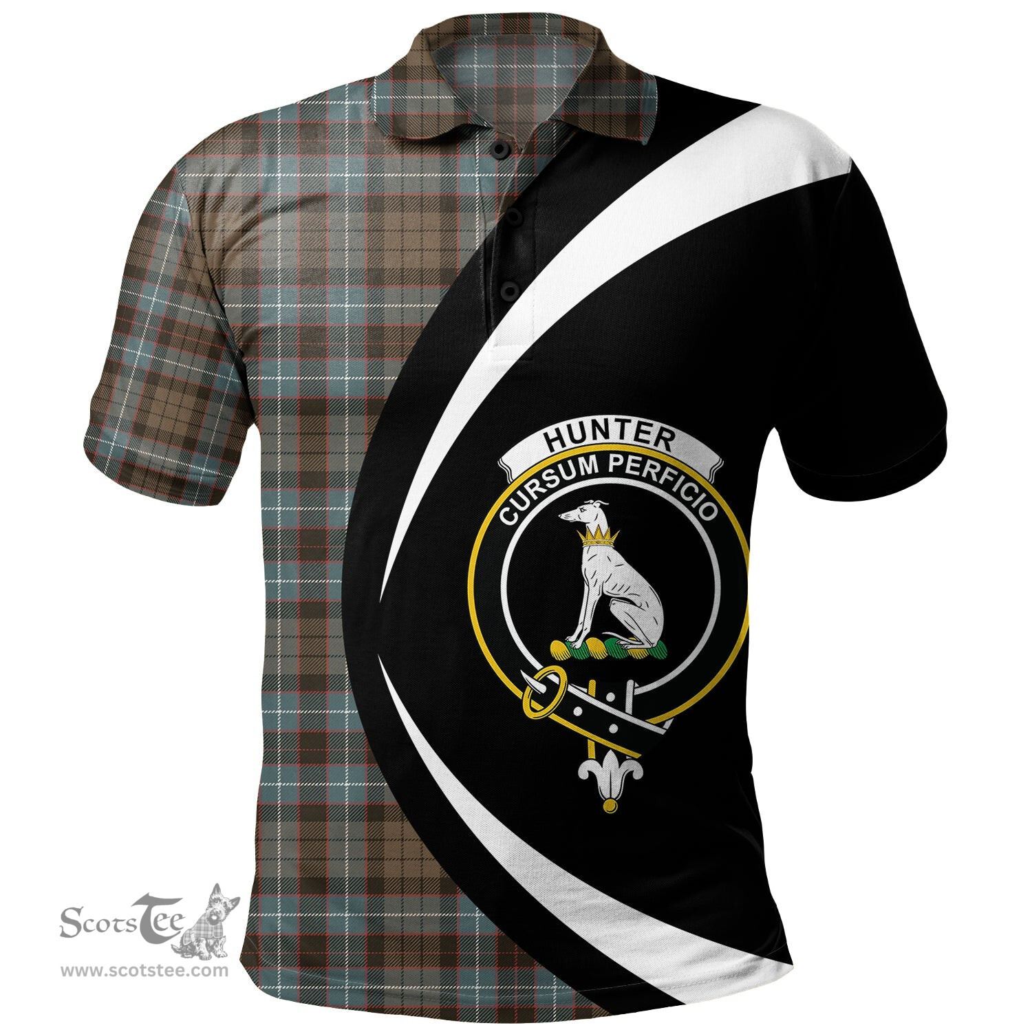 ScotsTee Shop Scottish Hunter of Peebleshire Weathered Clan Crest Personalized Tartan Polo Shirt Circle Style Back Shirt with Your Text