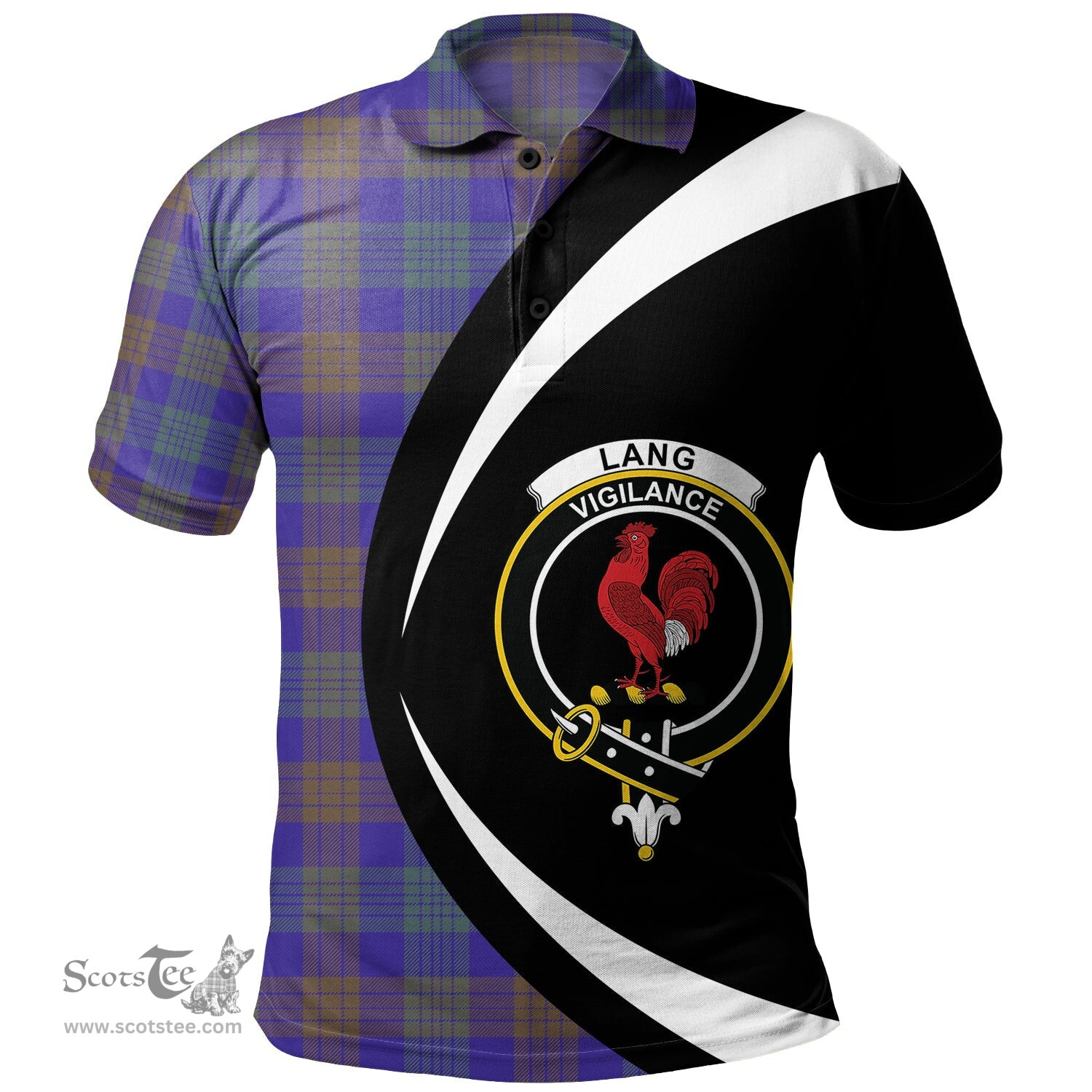 ScotsTee Shop Scottish Lang (Laing) Weathered Clan Crest Personalized Tartan Polo Shirt Circle Style Back Shirt with Your Text