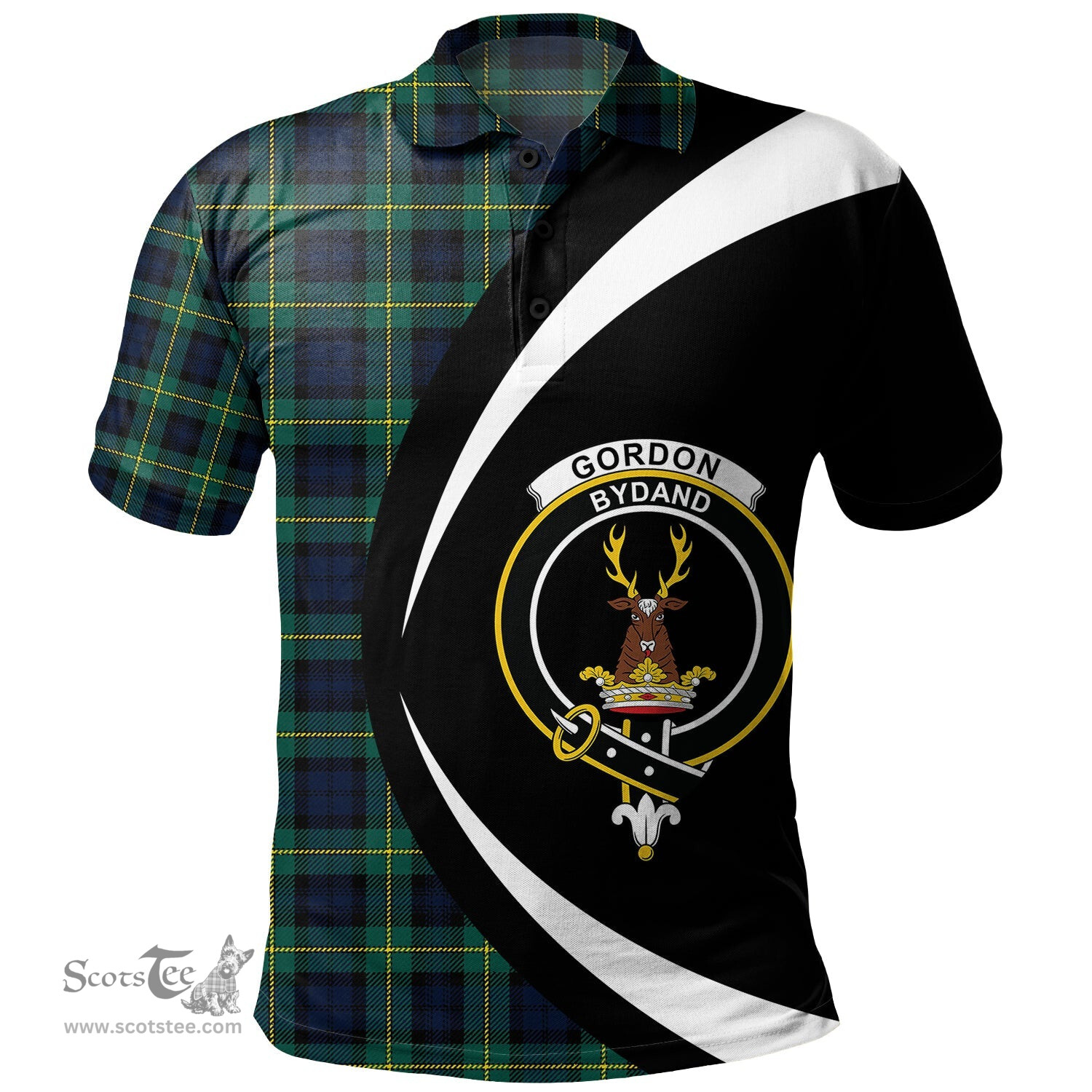 ScotsTee Shop Scottish Gordon Modern Clan Crest Personalized Tartan Polo Shirt Circle Style Back Shirt with Your Text