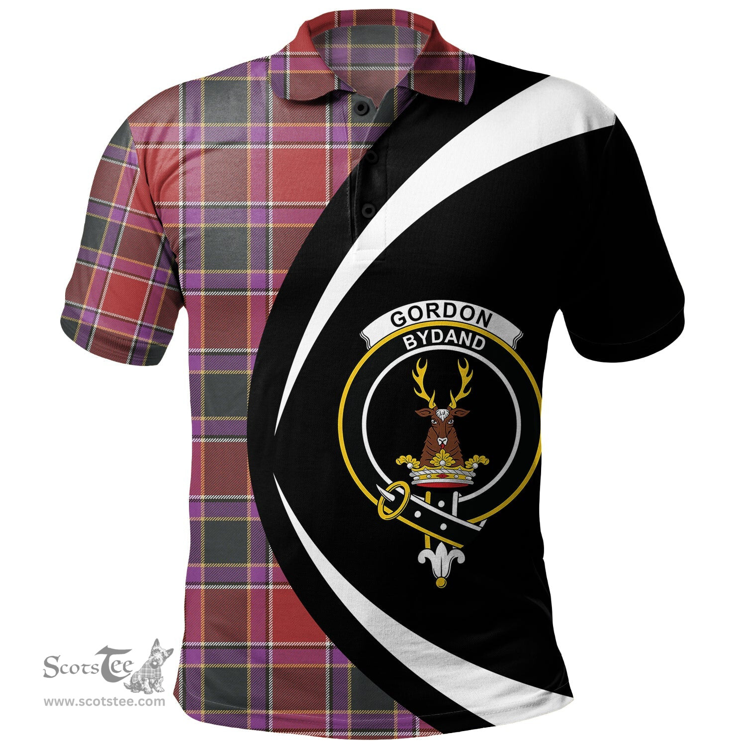 ScotsTee Shop Scottish Gordon of Abergeldie Weathered Clan Crest Personalized Tartan Polo Shirt Circle Style Back Shirt with Your Text