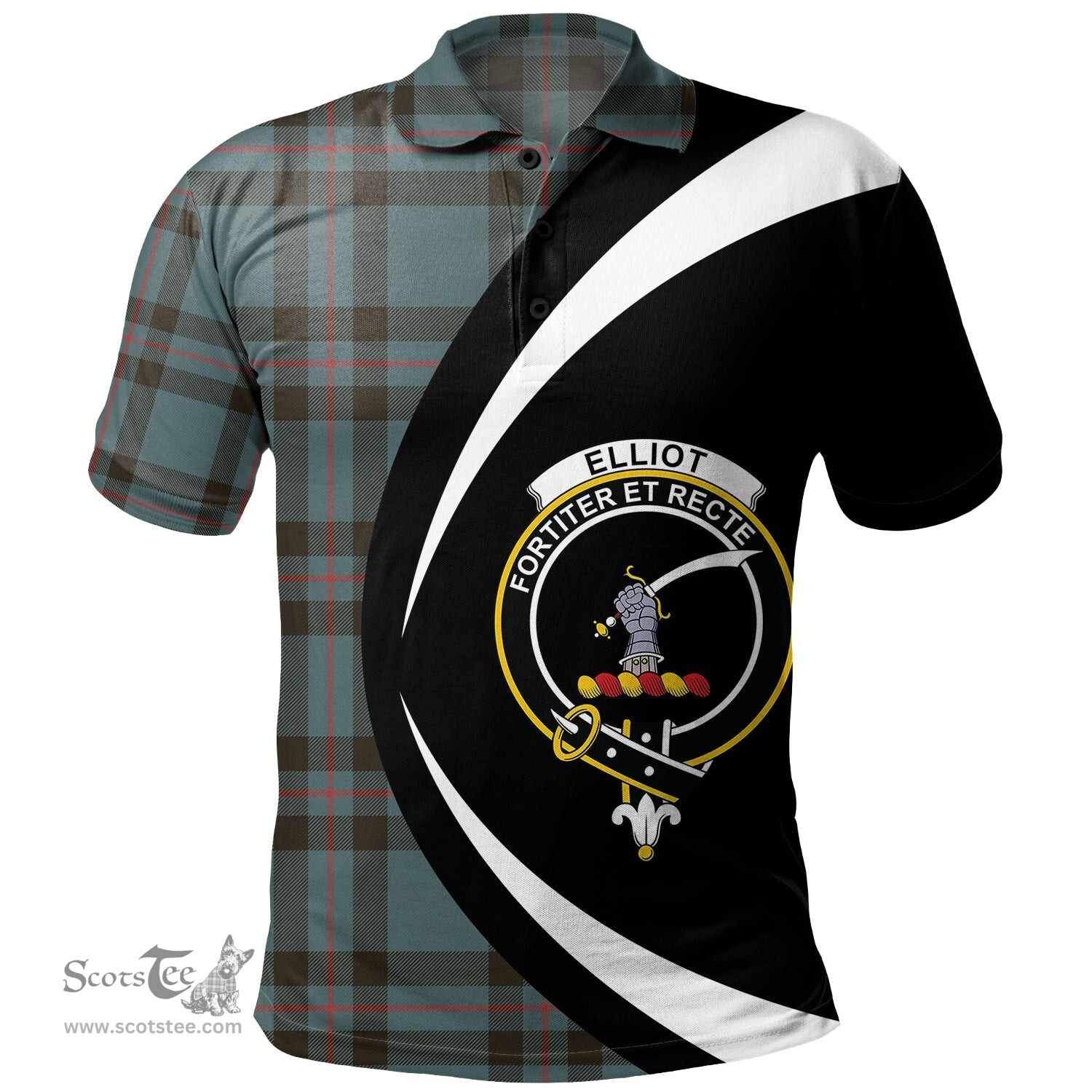 ScotsTee Shop Scottish Elliot (Ellot) Weathered Clan Crest Personalized Tartan Polo Shirt Circle Style Back Shirt with Your Text