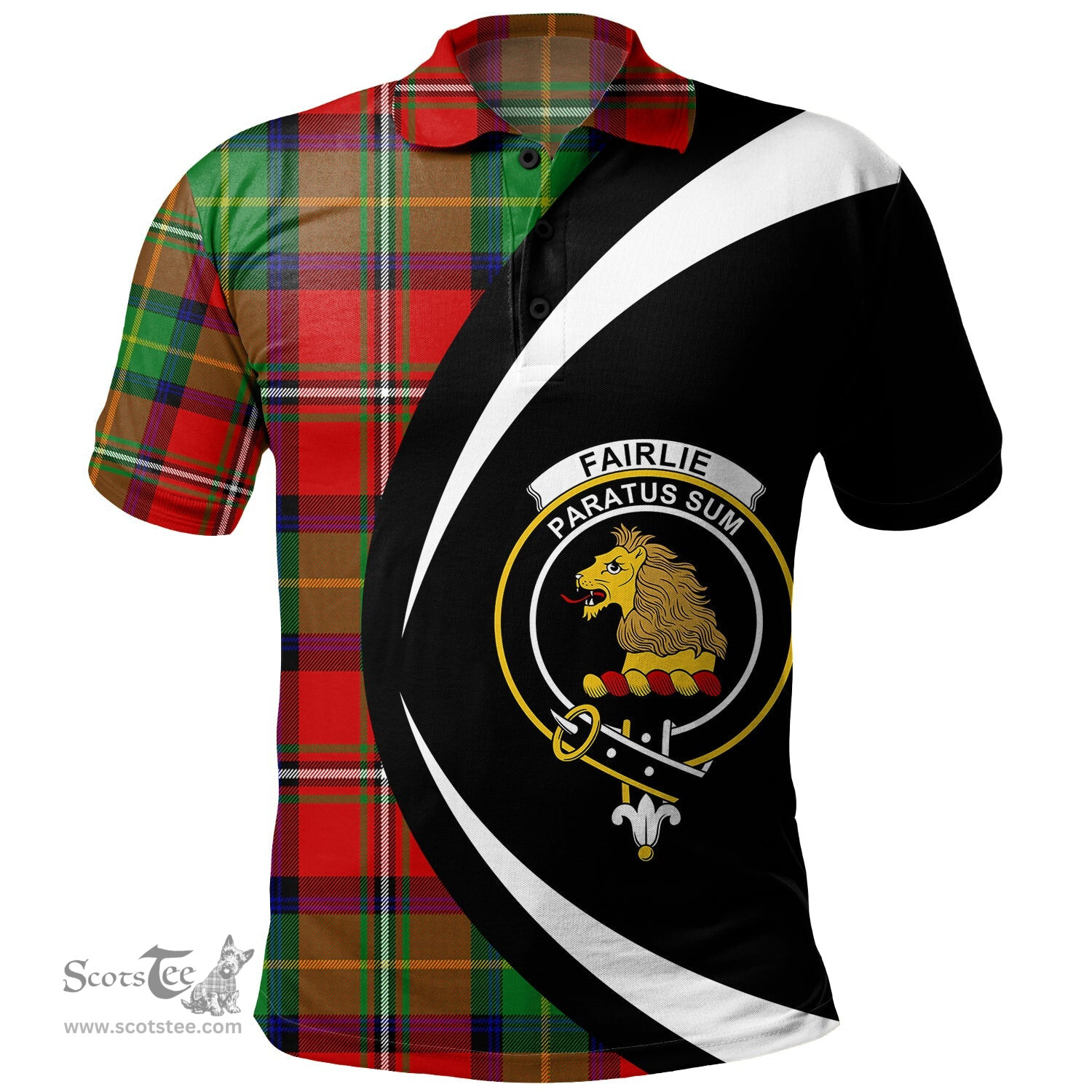 ScotsTee Shop Scottish Fairlie Modern Clan Crest Personalized Tartan Polo Shirt Circle Style Back Shirt with Your Text