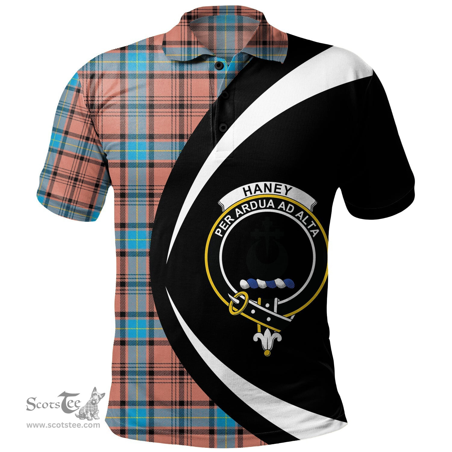 ScotsTee Shop Scottish Haney Dress Modern Clan Crest Personalized Tartan Polo Shirt Circle Style Back Shirt with Your Text
