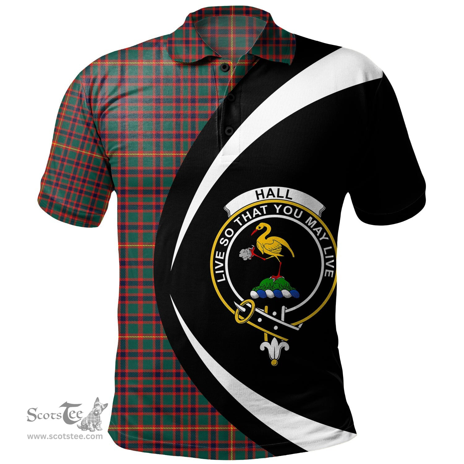 ScotsTee Shop Scottish Hall Modern Clan Crest Personalized Tartan Polo Shirt Circle Style Back Shirt with Your Text