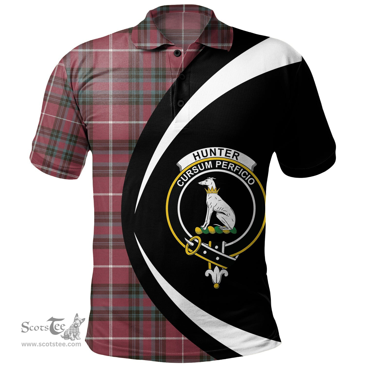 ScotsTee Shop Scottish Hunter of Bute (Hunter Maroon) Weathered Clan Crest Personalized Tartan Polo Shirt Circle Style Back Shirt with Your Text