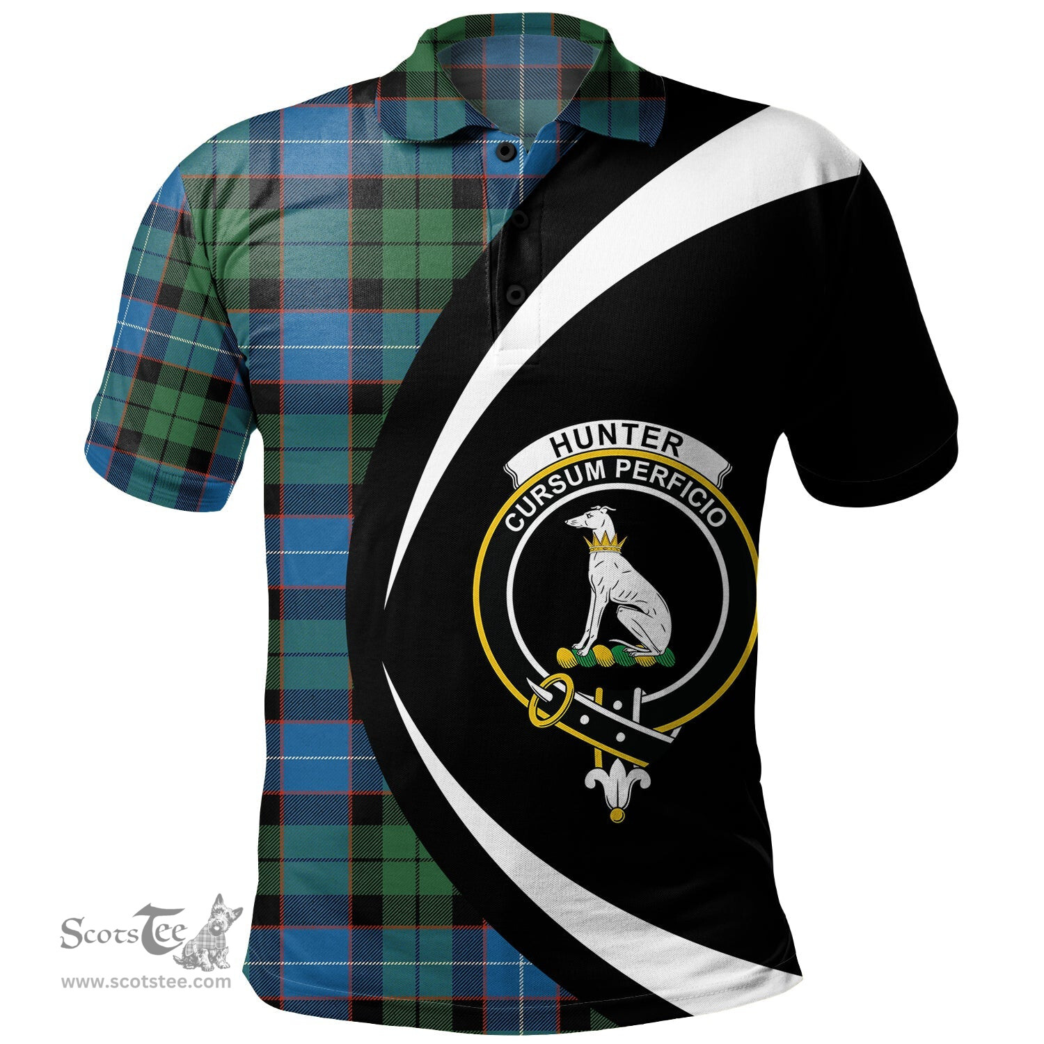ScotsTee Shop Scottish Hunter Ancient Clan Crest Personalized Tartan Polo Shirt Circle Style Back Shirt with Your Text