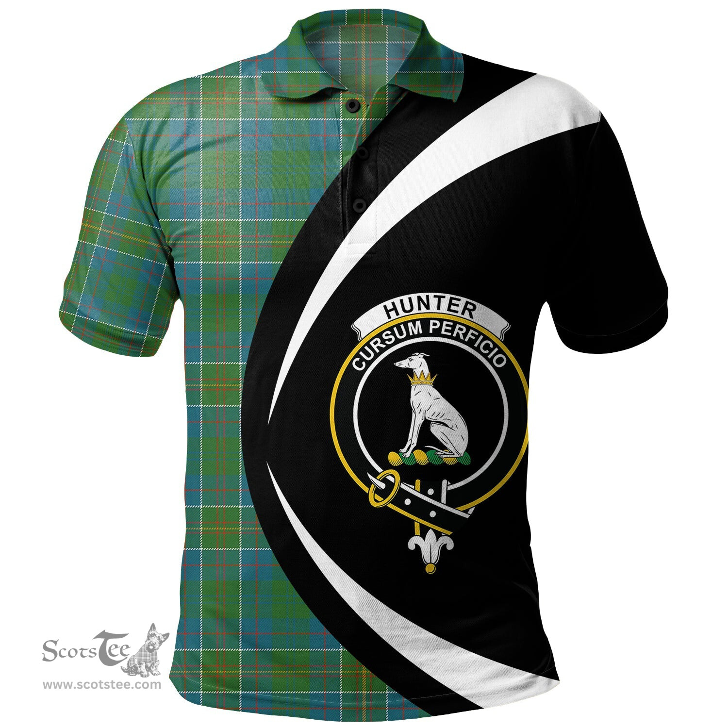 ScotsTee Shop Scottish Hunter of Hunterston (Michael of Hunterston) Ancient Clan Crest Personalized Tartan Polo Shirt Circle Style Back Shirt with Your Text