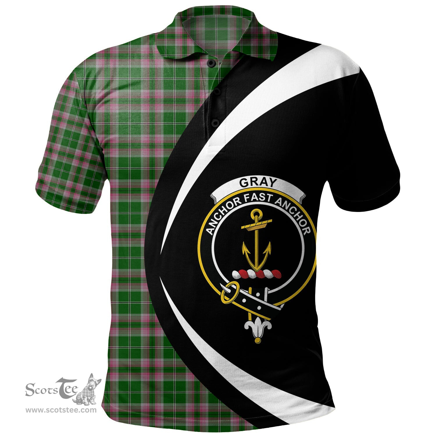 ScotsTee Shop Scottish Gray Hunting Clan Crest Personalized Tartan Polo Shirt Circle Style Back Shirt with Your Text