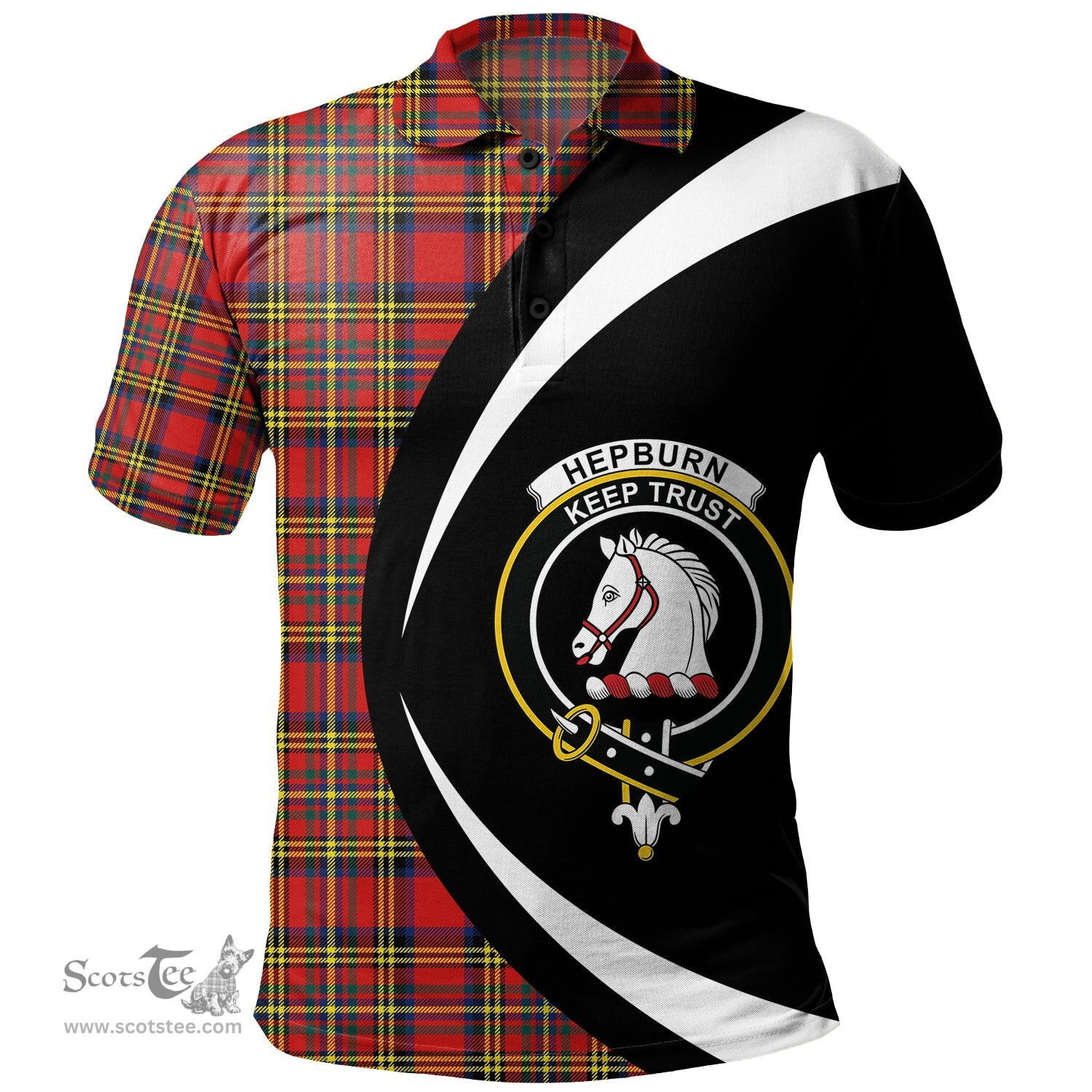 ScotsTee Shop Scottish Hepburn Modern Clan Crest Personalized Tartan Polo Shirt Circle Style Back Shirt with Your Text