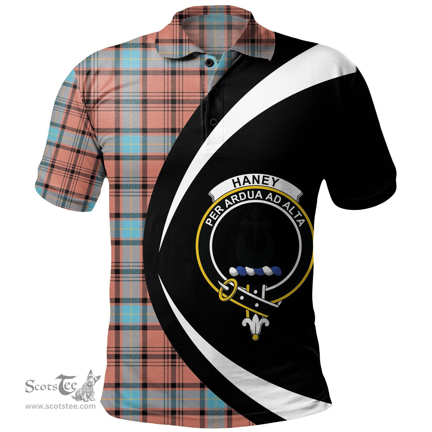 ScotsTee Shop Scottish Haney Dress Ancient Clan Crest Personalized Tartan Polo Shirt Circle Style Back Shirt with Your Text