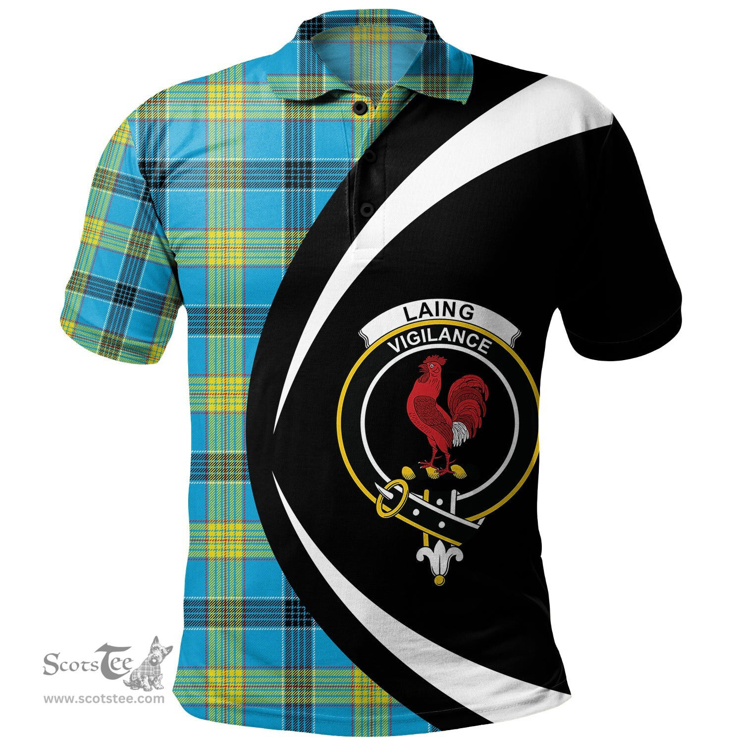ScotsTee Shop Scottish Laing (Lang) Modern Clan Crest Personalized Tartan Polo Shirt Circle Style Back Shirt with Your Text