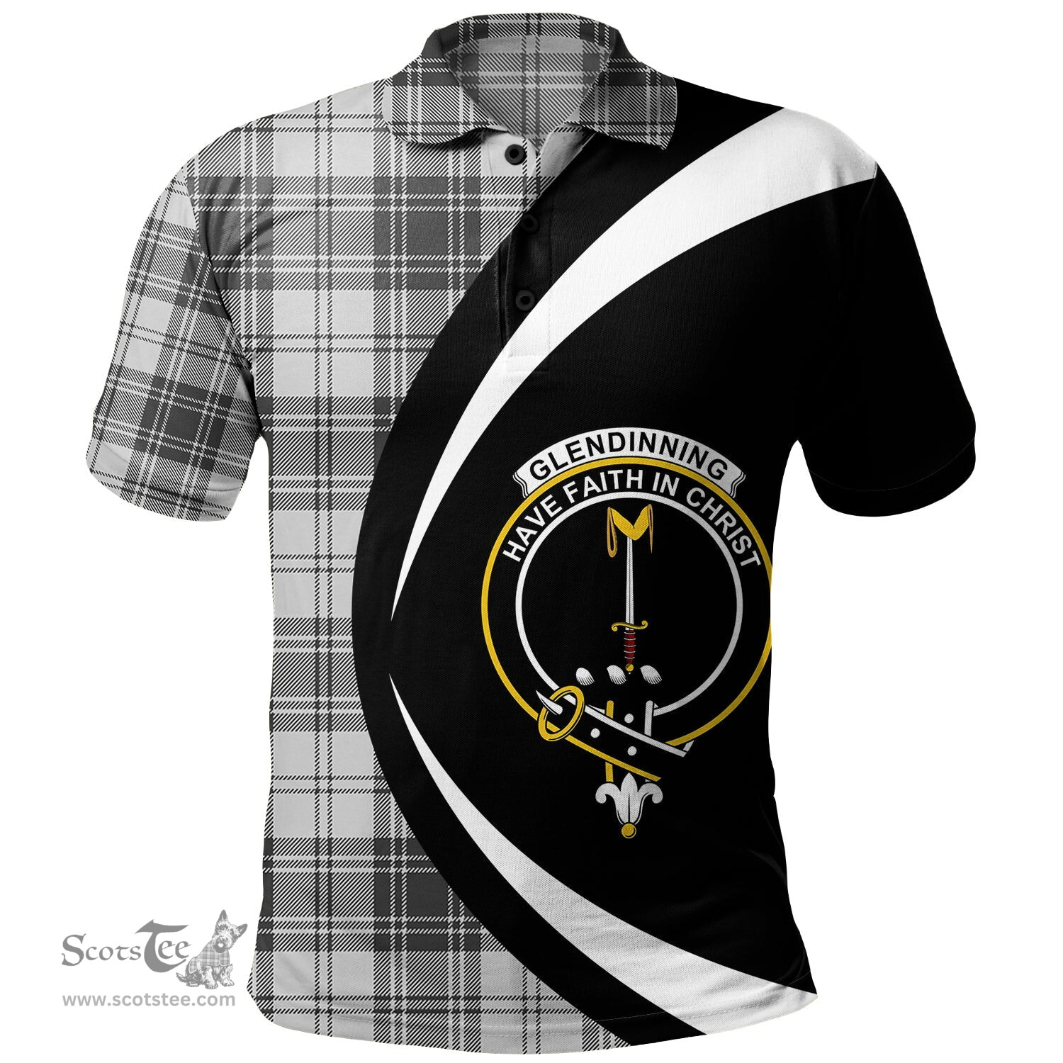 ScotsTee Shop Scottish Glendinning Clan Crest Personalized Tartan Polo Shirt Circle Style Back Shirt with Your Text
