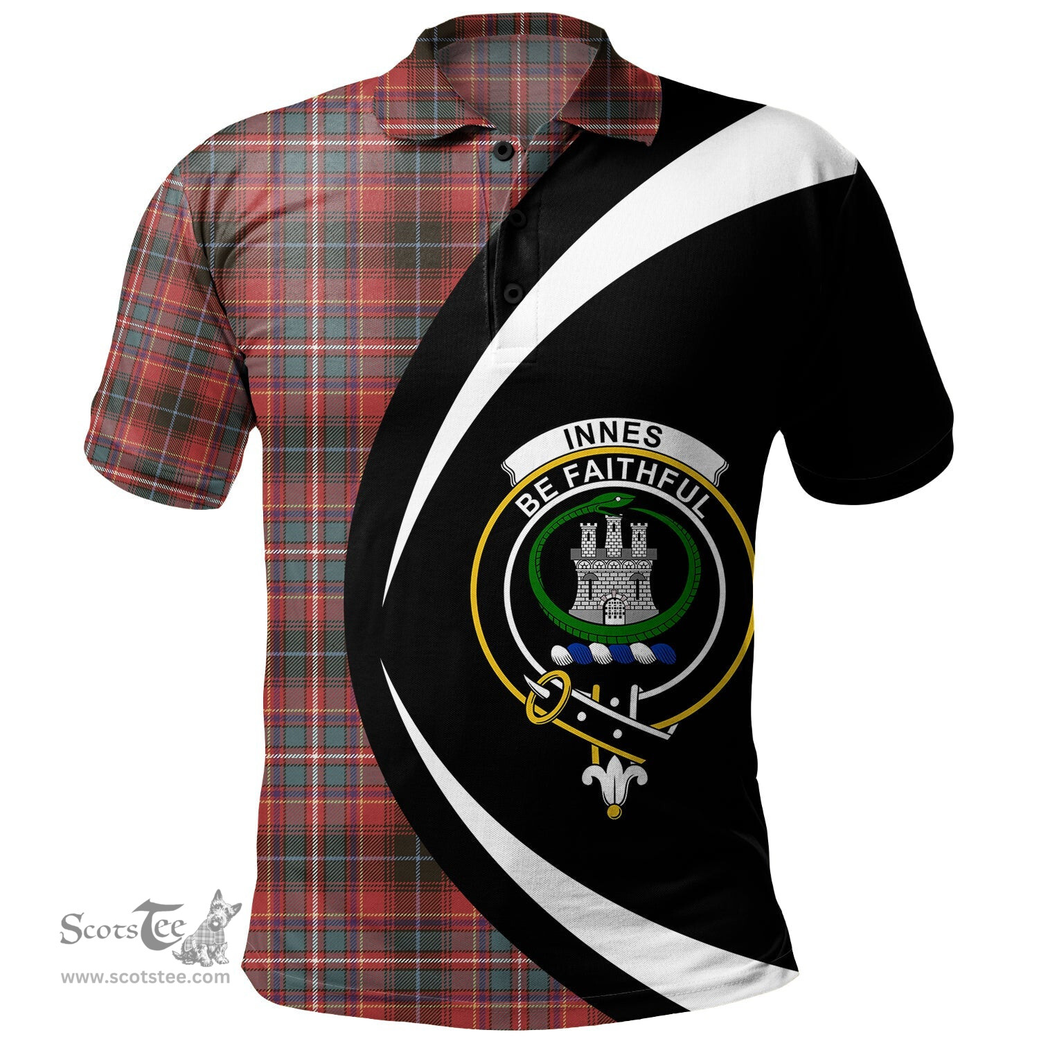 ScotsTee Shop Scottish Innes Red Weathered Clan Crest Personalized Tartan Polo Shirt Circle Style Back Shirt with Your Text