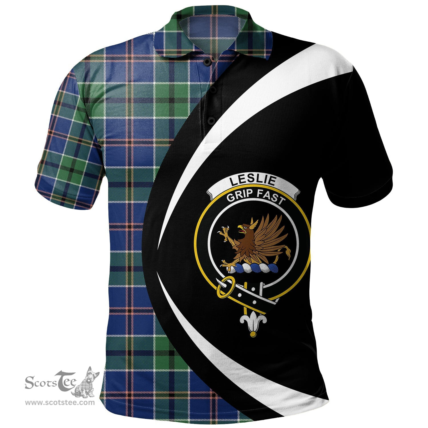ScotsTee Shop Scottish Leslie of the Hebrides Modern Clan Crest Personalized Tartan Polo Shirt Circle Style Back Shirt with Your Text