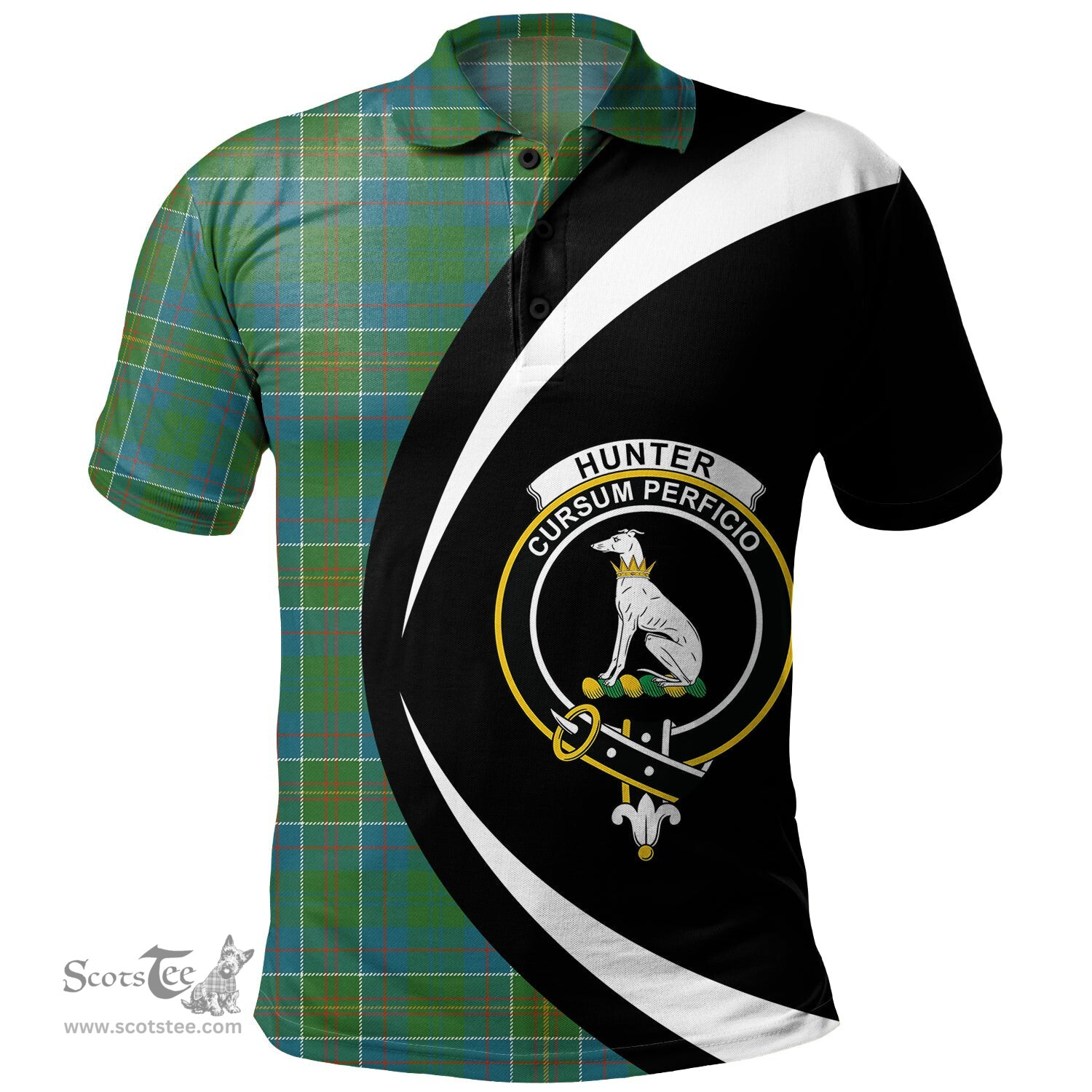 ScotsTee Shop Scottish Hunter of Hunterston (Galbraith of Hunterston) Ancient Clan Crest Personalized Tartan Polo Shirt Circle Style Back Shirt with Your Text