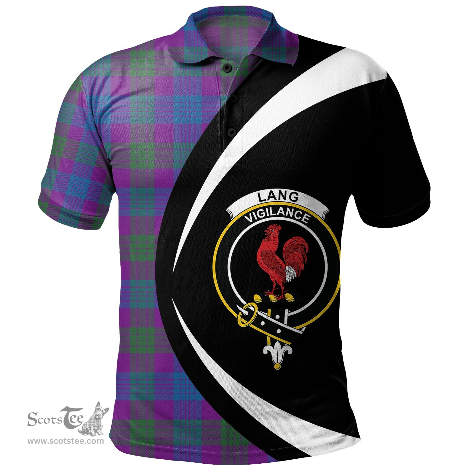 ScotsTee Shop Scottish Lang (Laing) Modern Clan Crest Personalized Tartan Polo Shirt Circle Style Back Shirt with Your Text