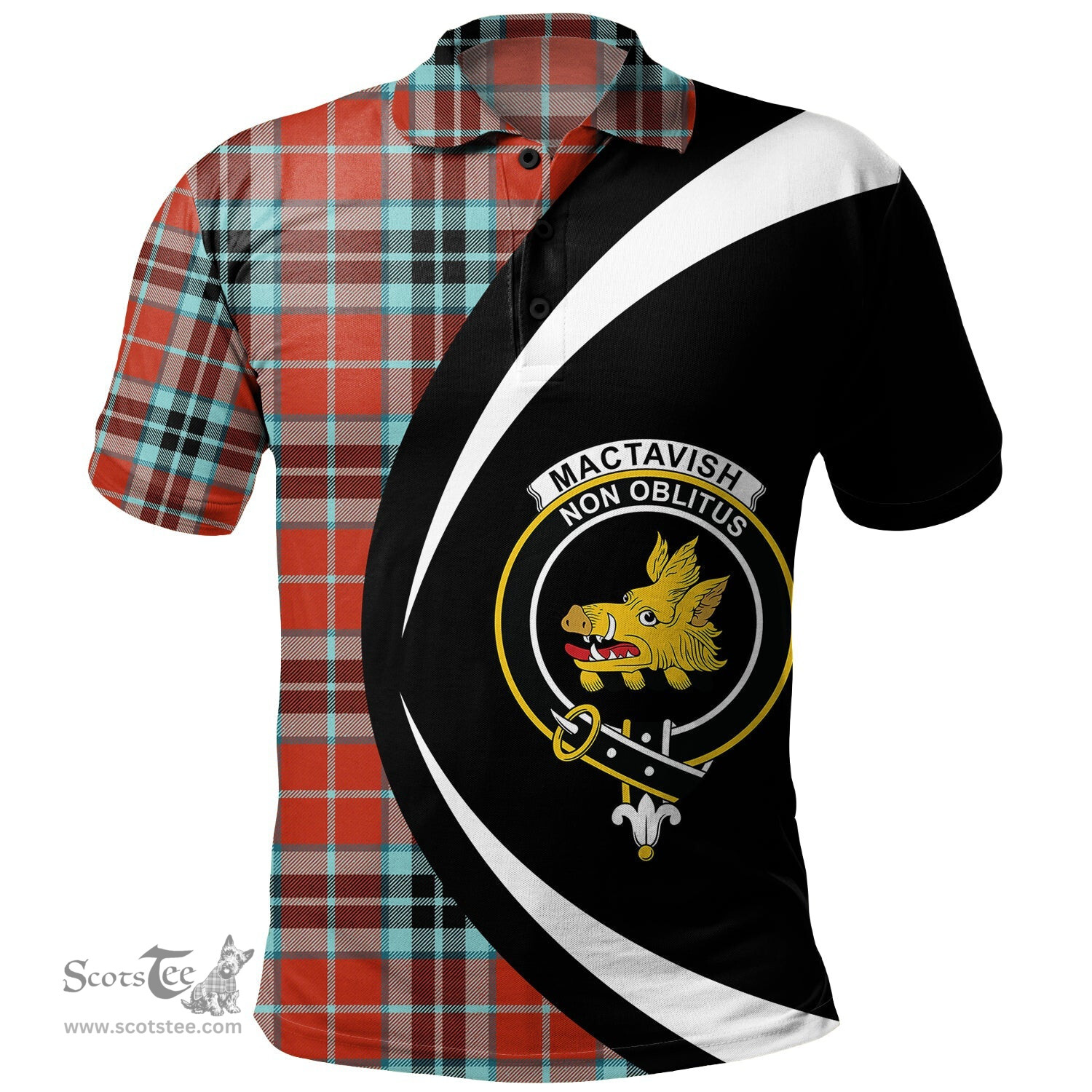 ScotsTee Shop Scottish MacTavish Weathered Clan Crest Personalized Tartan Polo Shirt Circle Style Back Shirt with Your Text