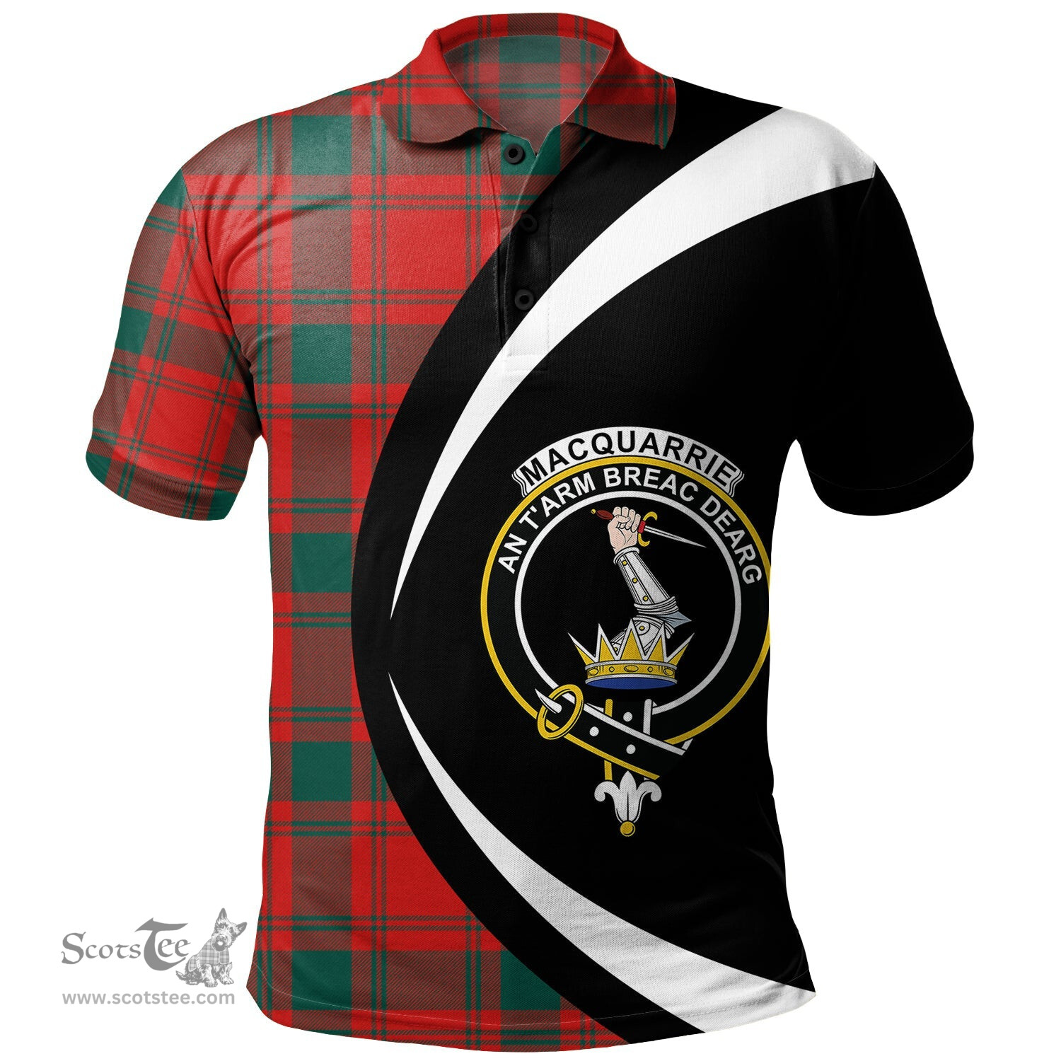 ScotsTee Shop Scottish MacQuarrie (MacGuarie) Modern Clan Crest Personalized Tartan Polo Shirt Circle Style Back Shirt with Your Text