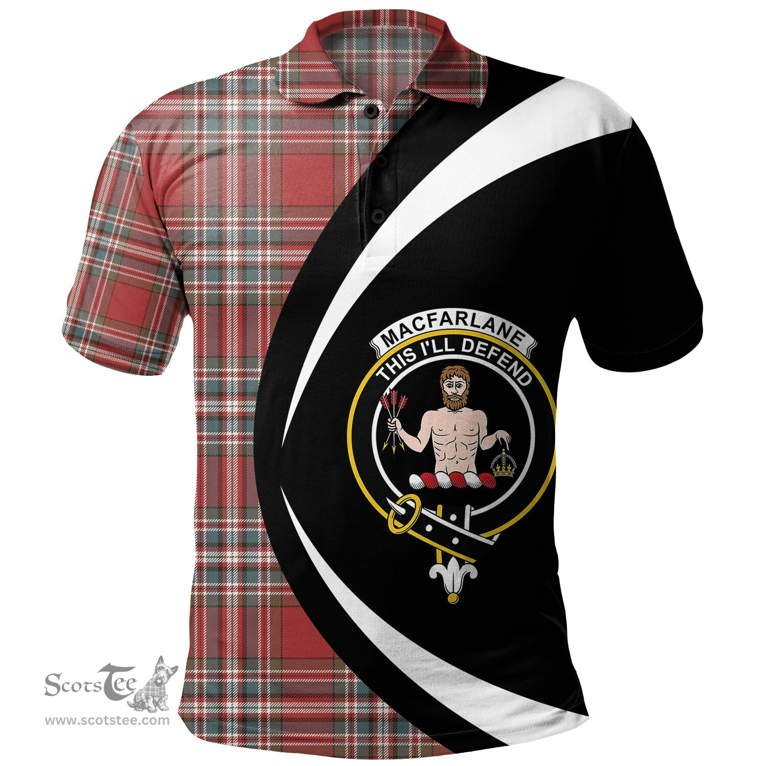 ScotsTee Shop Scottish MacFarlane Red Weathered Clan Crest Personalized Tartan Polo Shirt Circle Style Back Shirt with Your Text