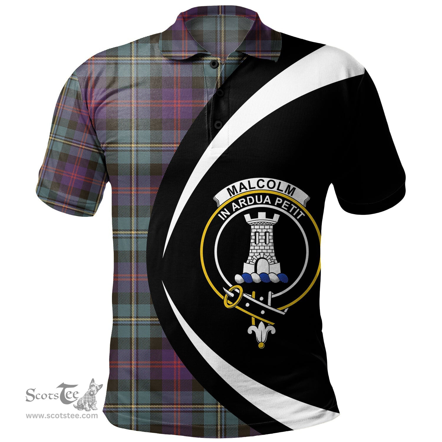 ScotsTee Shop Scottish Malcolm Weathered Clan Crest Personalized Tartan Polo Shirt Circle Style Back Shirt with Your Text