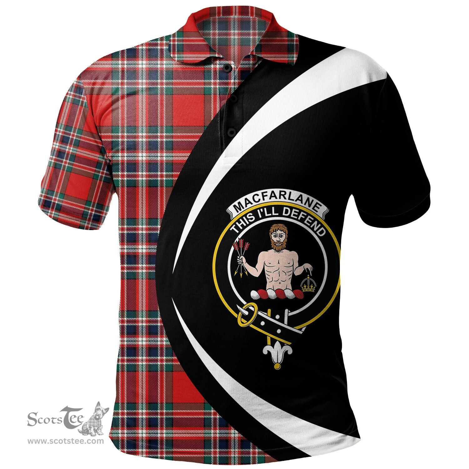 ScotsTee Shop Scottish MacFarlane Red Modern Clan Crest Personalized Tartan Polo Shirt Circle Style Back Shirt with Your Text