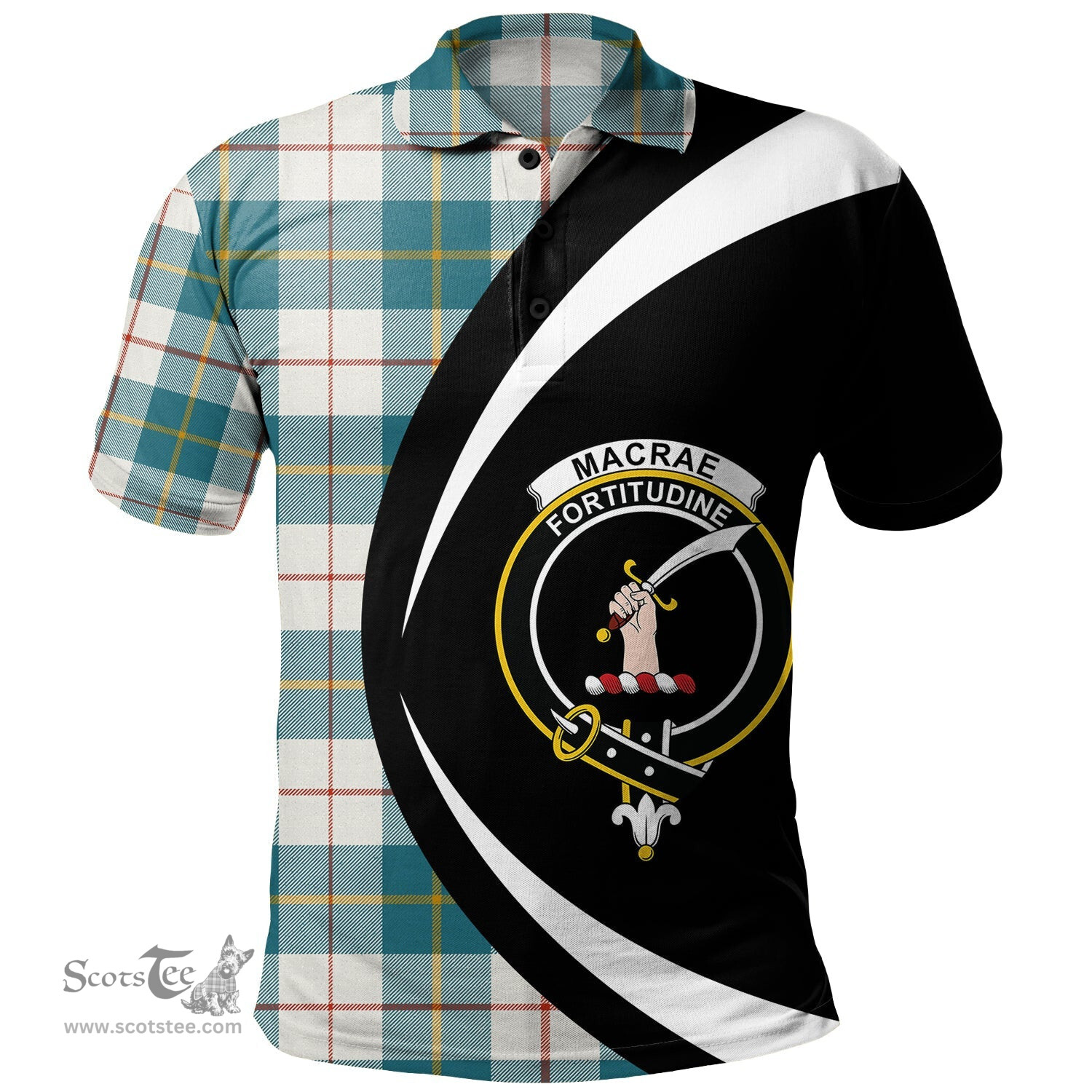 ScotsTee Shop Scottish MacRae of Conchra Ancient Clan Crest Personalized Tartan Polo Shirt Circle Style Back Shirt with Your Text
