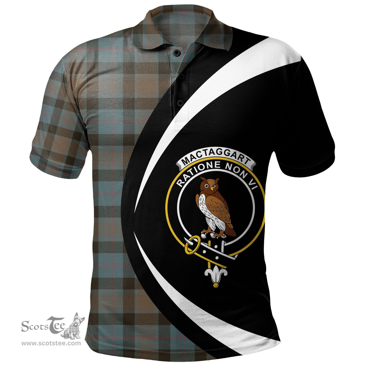 ScotsTee Shop Scottish MacTaggart Weathered Clan Crest Personalized Tartan Polo Shirt Circle Style Back Shirt with Your Text
