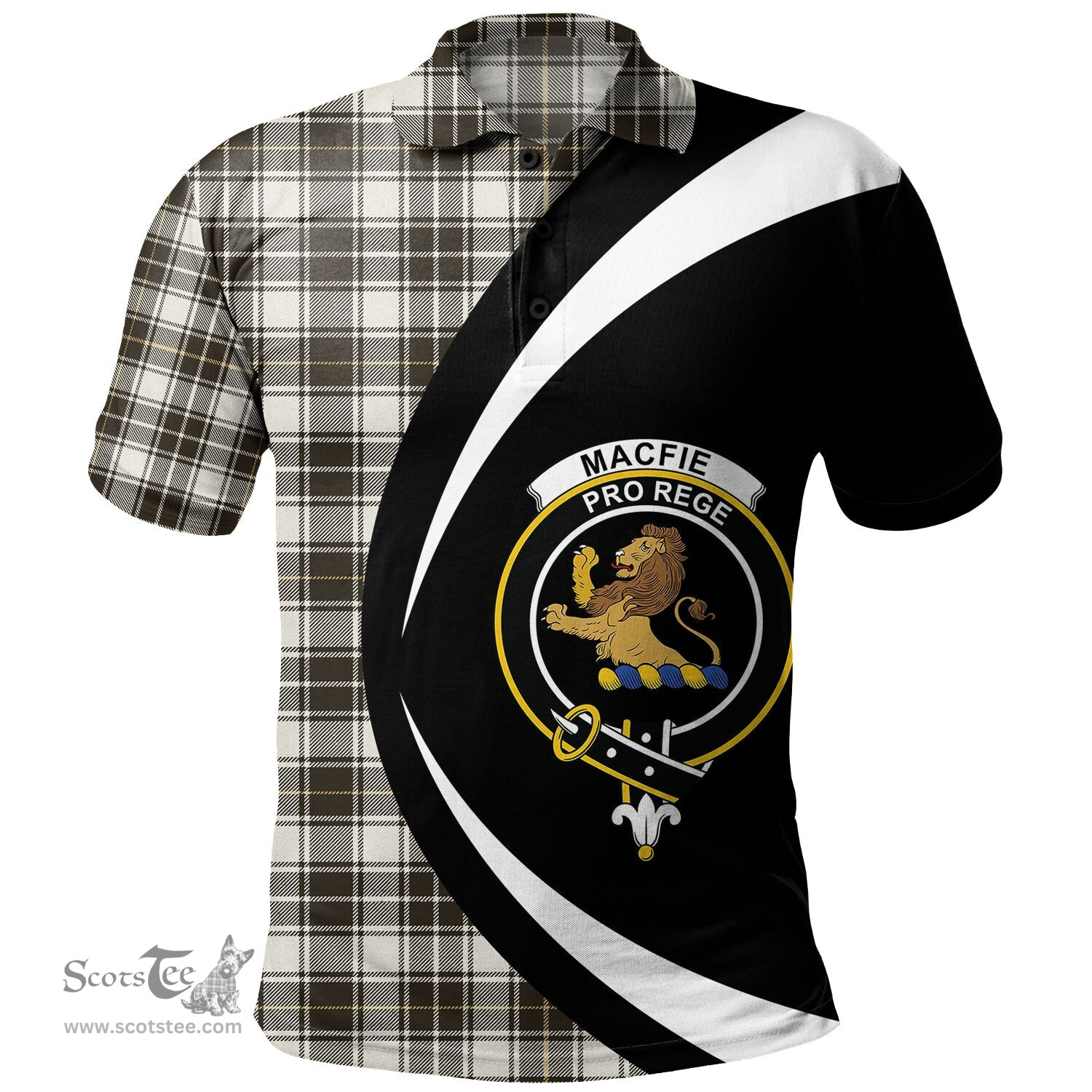 ScotsTee Shop Scottish MacFie of Colonsay Dress (MacPhee of Colonsay Dress) Weathered Clan Crest Personalized Tartan Polo Shirt Circle Style Back Shirt with Your Text