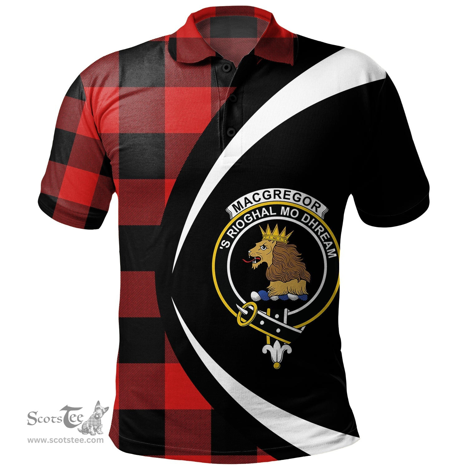 ScotsTee Shop Scottish MacGregor Rob Roy (Gregor Red & Black) Modern Clan Crest Personalized Tartan Polo Shirt Circle Style Back Shirt with Your Text