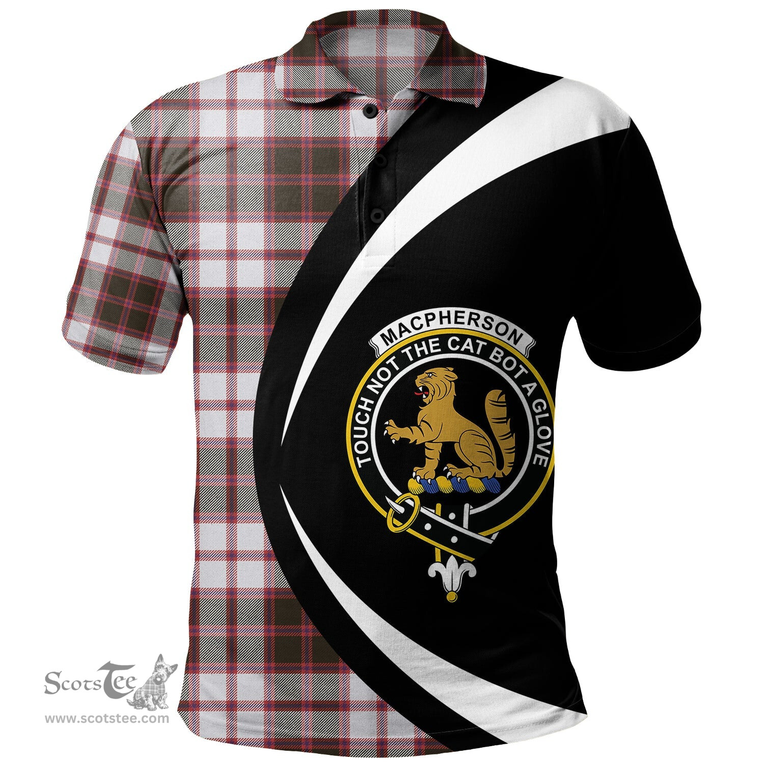 ScotsTee Shop Scottish MacPherson of Pitmain Weathered Clan Crest Personalized Tartan Polo Shirt Circle Style Back Shirt with Your Text