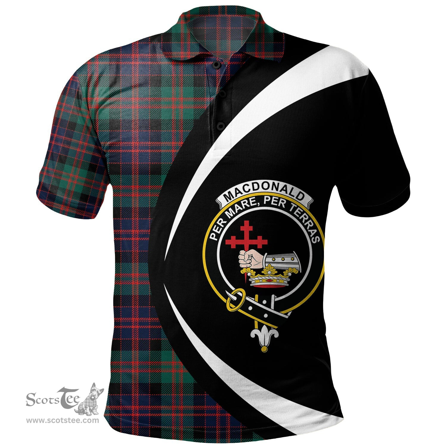 ScotsTee Shop Scottish MacDonald (Donald) Modern Clan Crest Personalized Tartan Polo Shirt Circle Style Back Shirt with Your Text