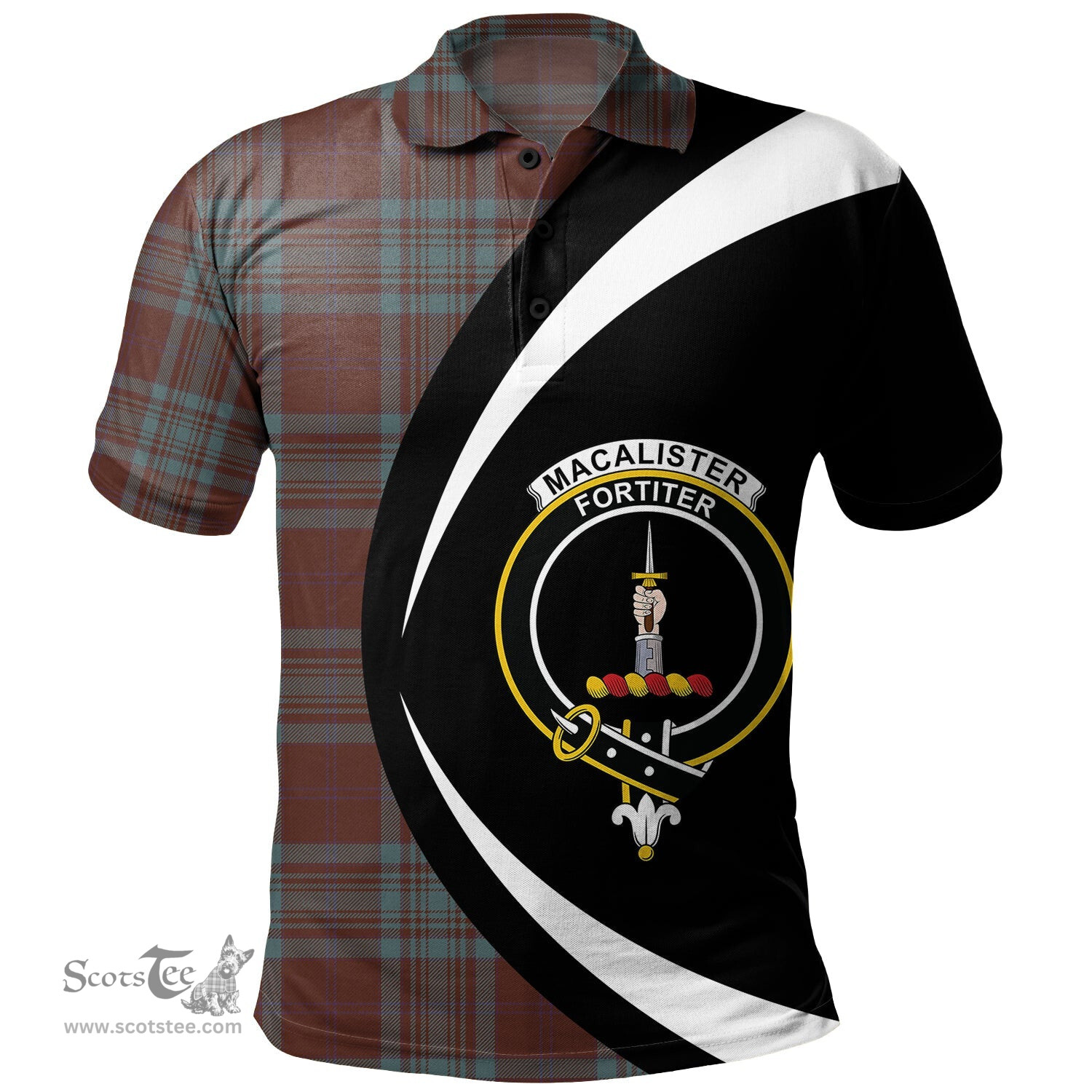 ScotsTee Shop Scottish MacAlister of Glenbarr Hunting (MacAlister of Glenbarr; Hunting) Weathered Clan Crest Personalized Tartan Polo Shirt Circle Style Back Shirt with Your Text