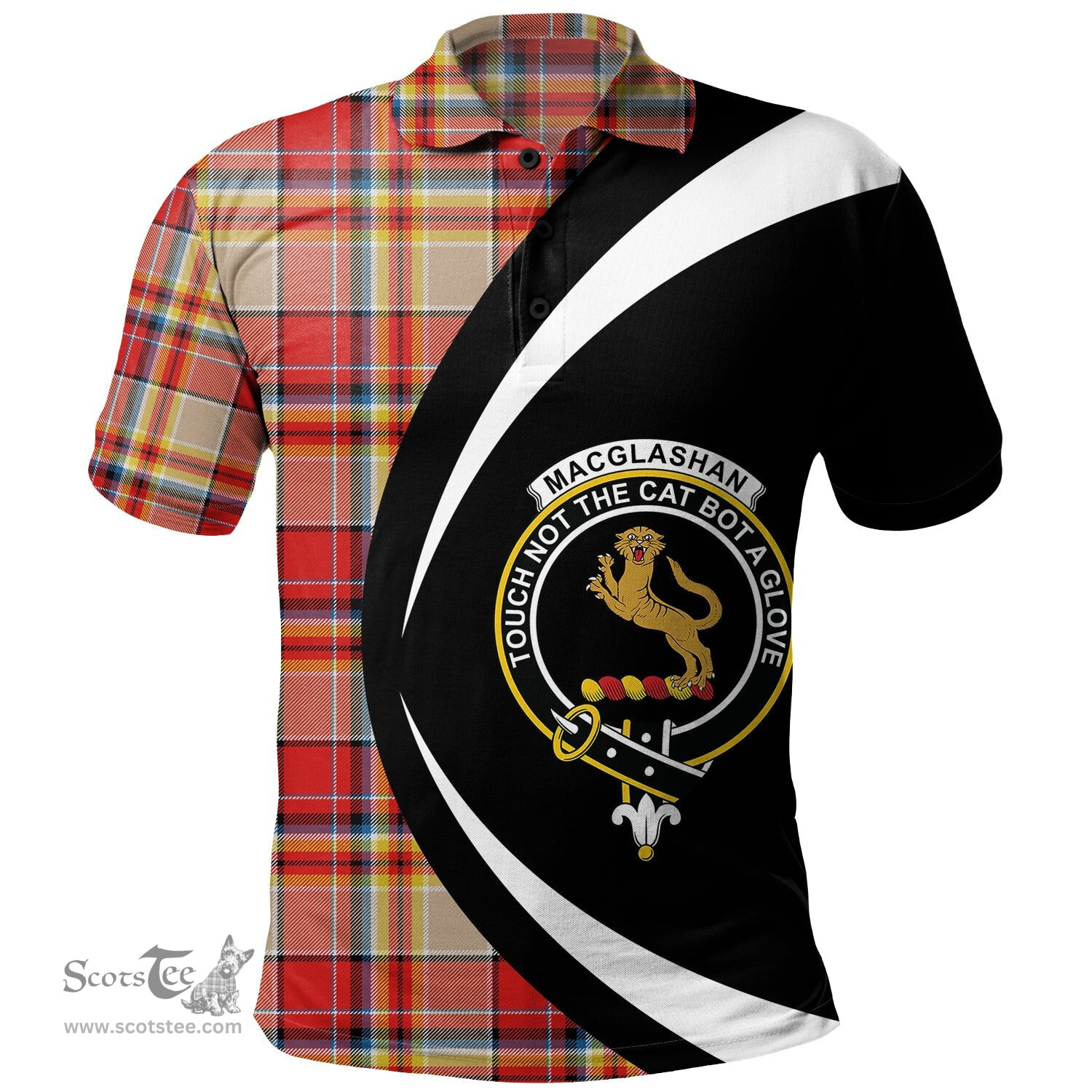 ScotsTee Shop Scottish MacGlashan Modern Clan Crest Personalized Tartan Polo Shirt Circle Style Back Shirt with Your Text